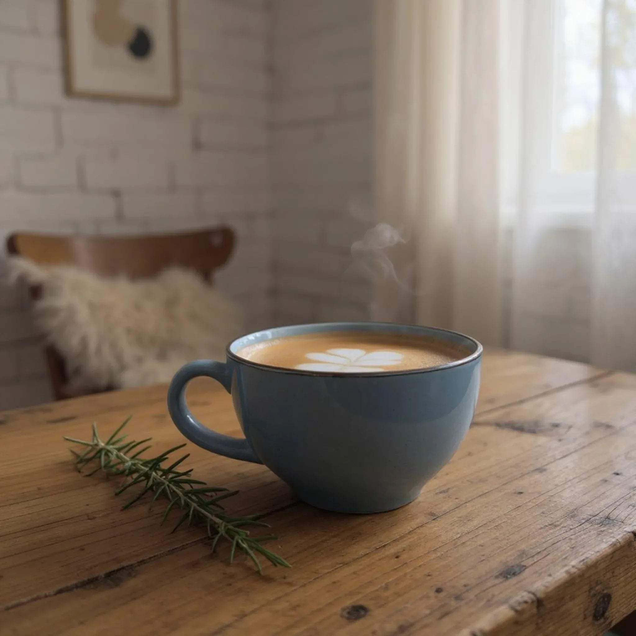 Blue ceramic cup of latte with leaf latte art on rustic wooden table, rosemary sprig beside, cozy home setting.