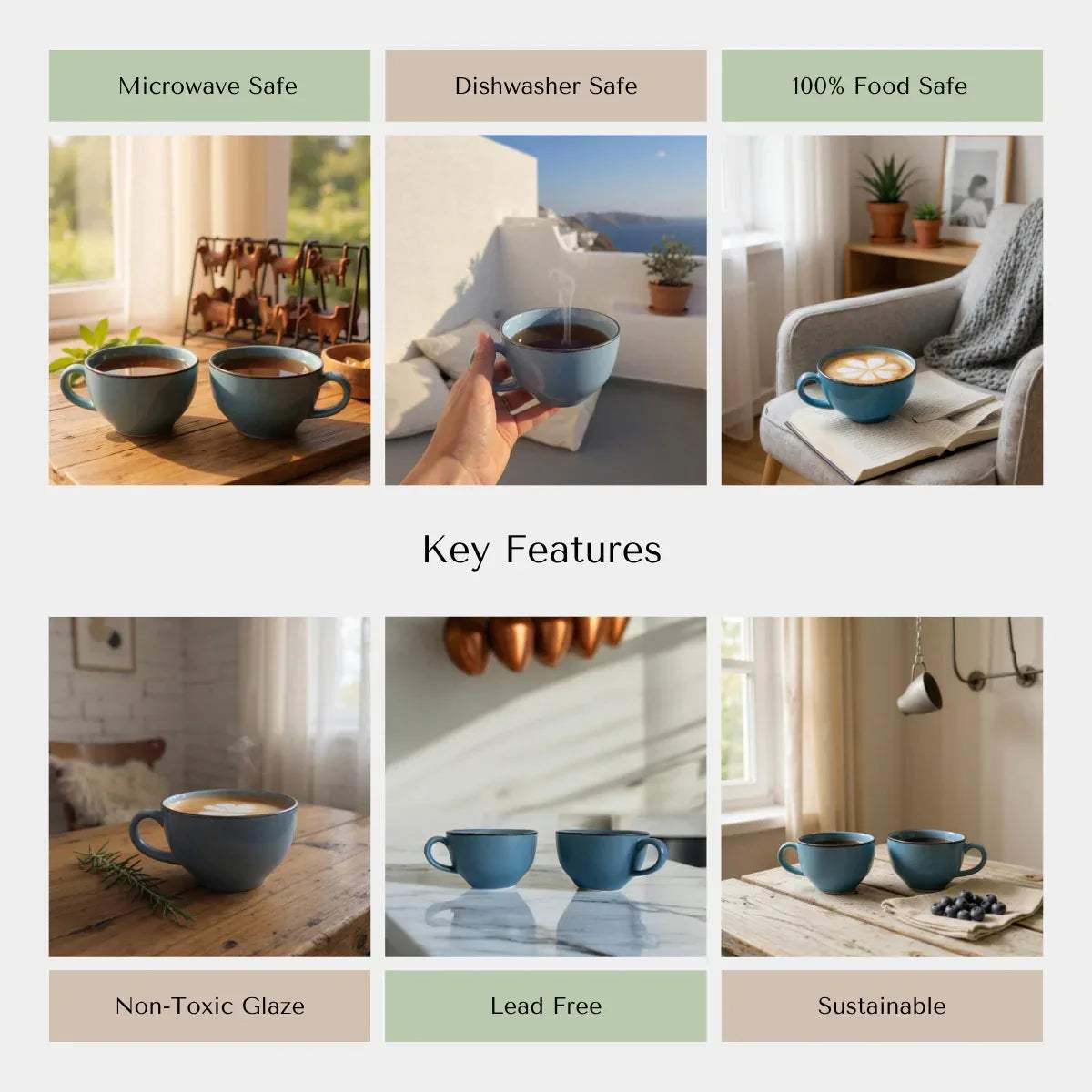 Rustic Stone blue mugs featuring microwave, dishwasher, and food safe artisanal tableware benefits.