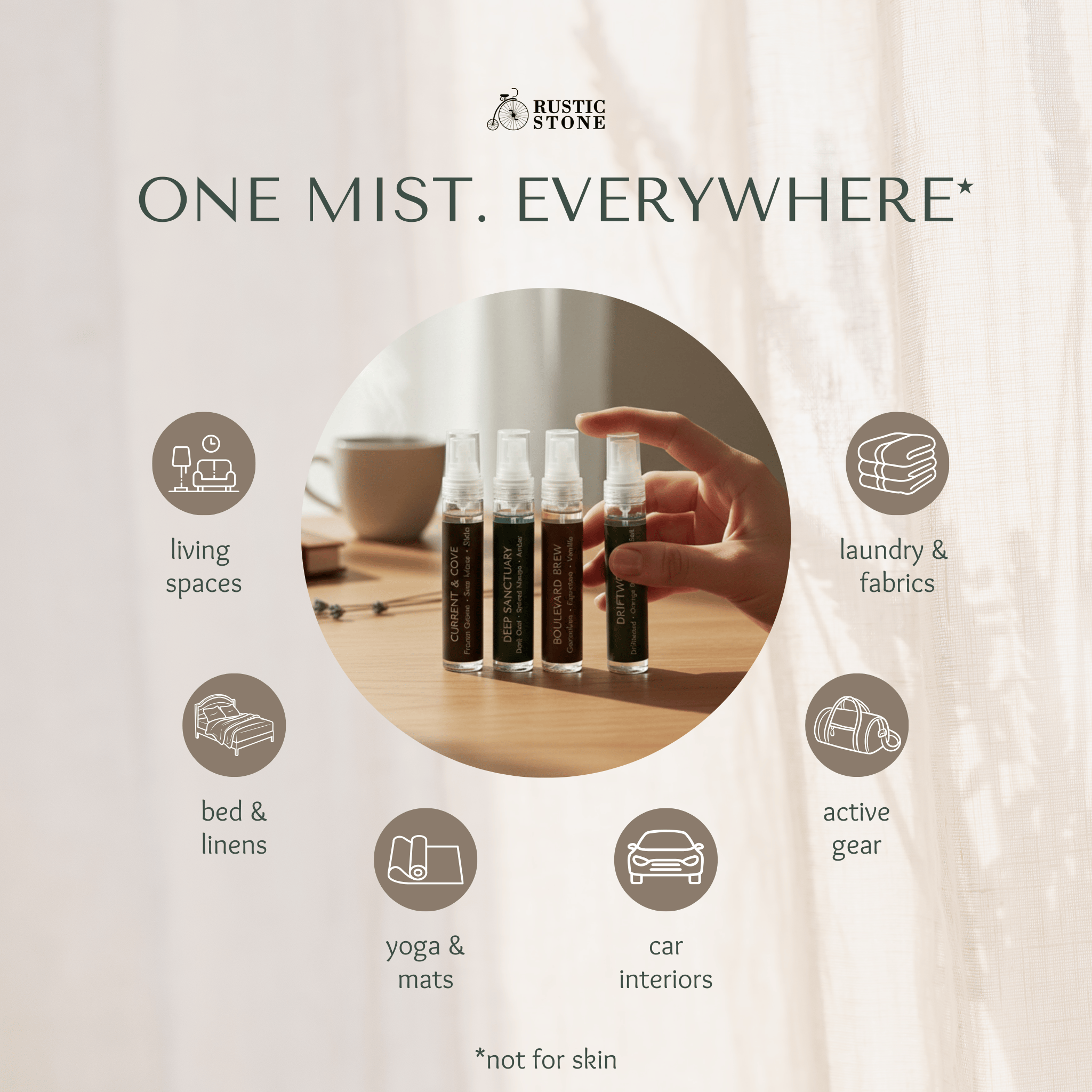 Travel size multi utility mist; spraying on curtains, linens, and sofa to refresh home fabrics.