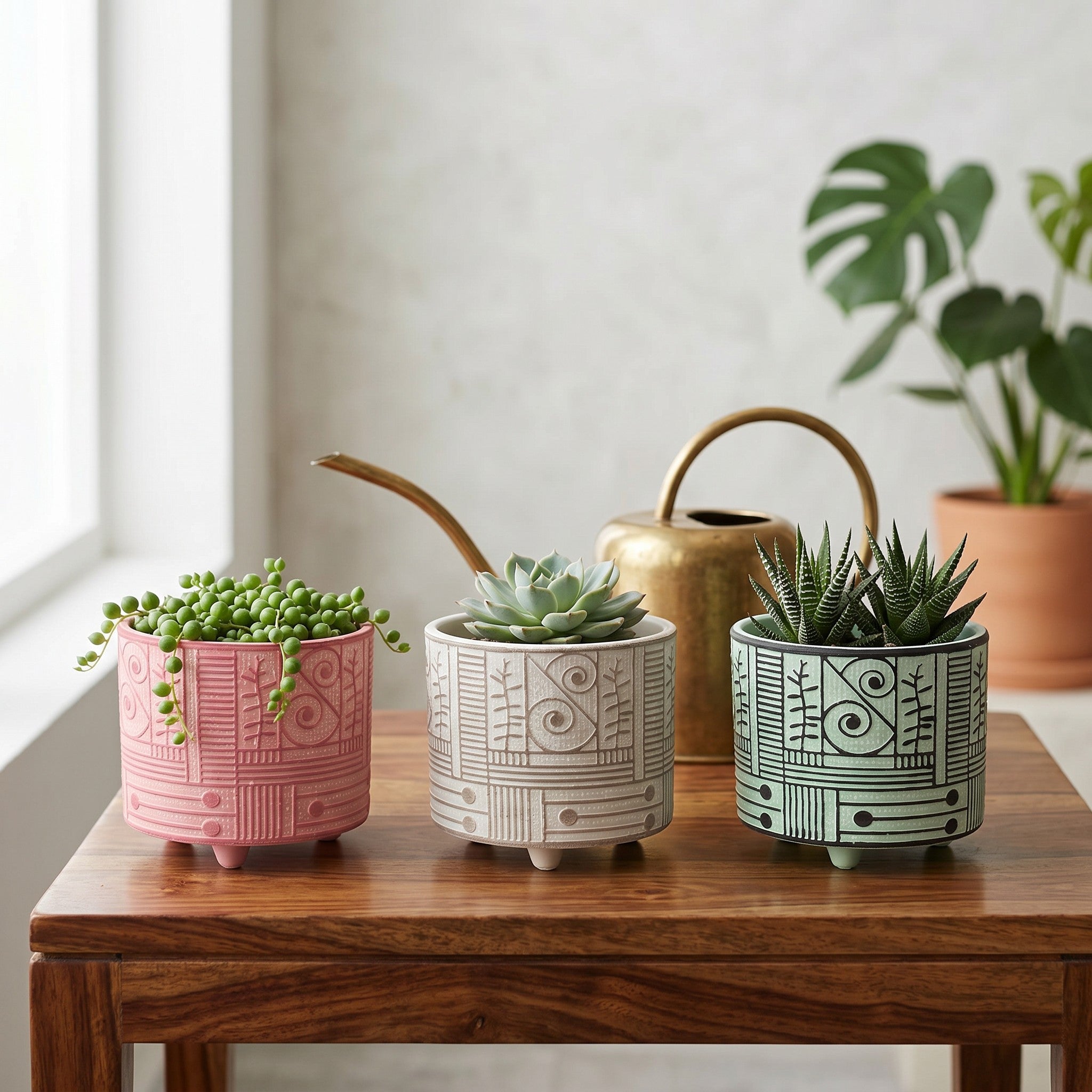 Three decorative ceramic planters with plants on a wooden table, with a watering can in the background.