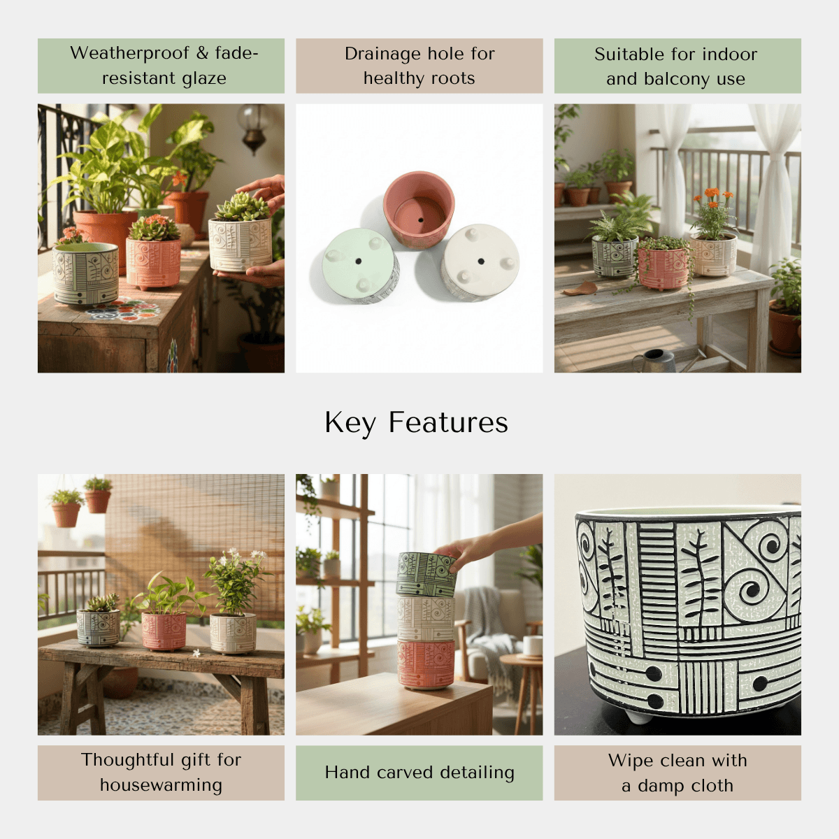 Collage of plant pots with features highlighted like tribal design, soothing colors and perfect for indoor and outdoor use.