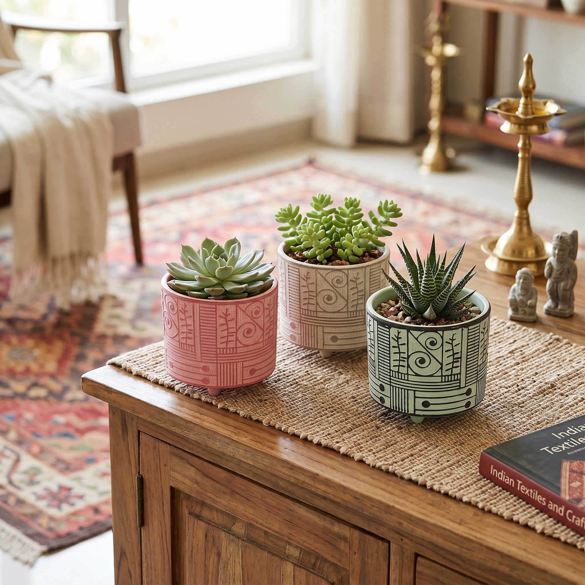 Three earthy-toned ceramic succulent pots with hand-carved linear patterns styled indoors on a coffee table.