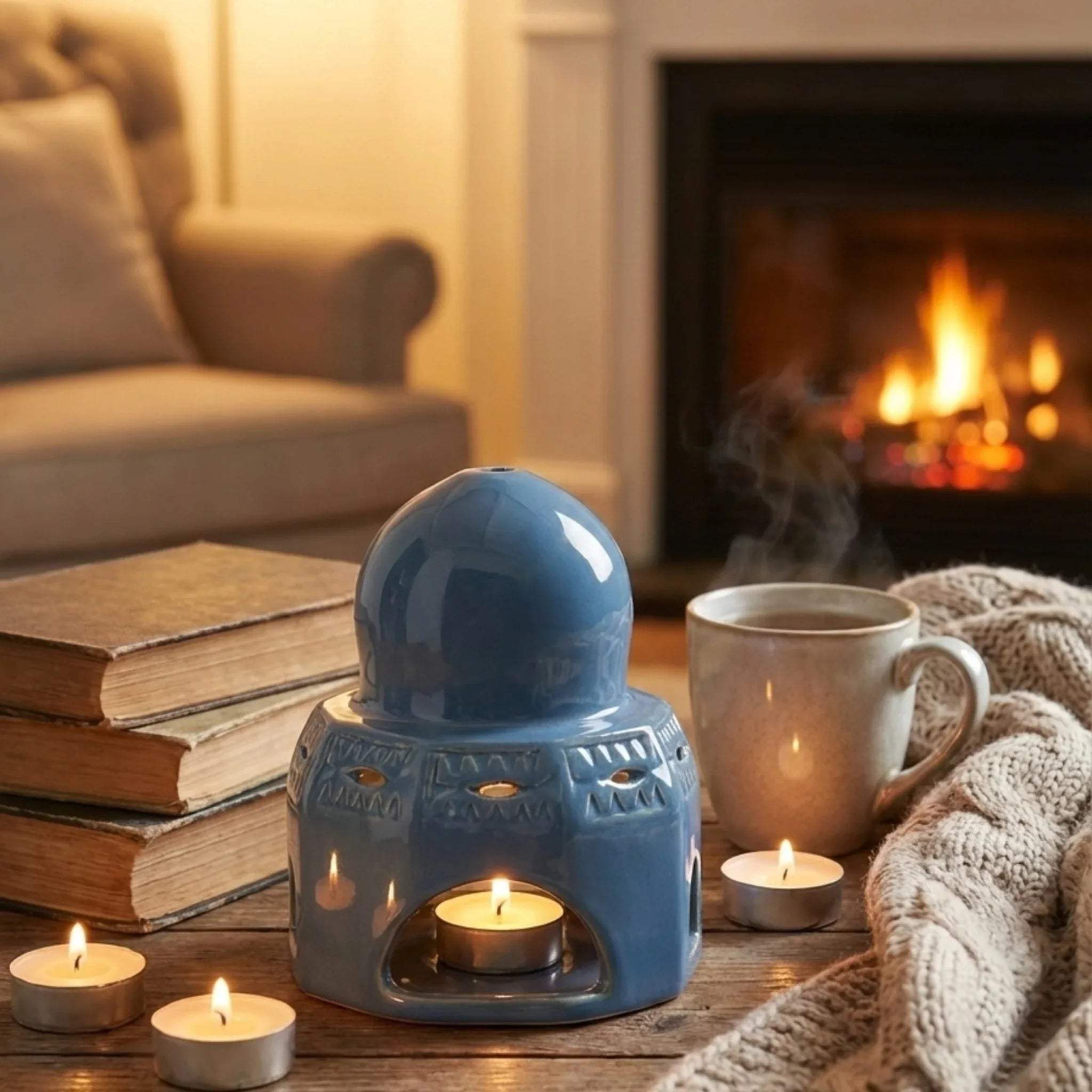 Twilight Dome Tealight Holder; a midnight blue ceramic dome with star-like perforations casting a warm glow.
