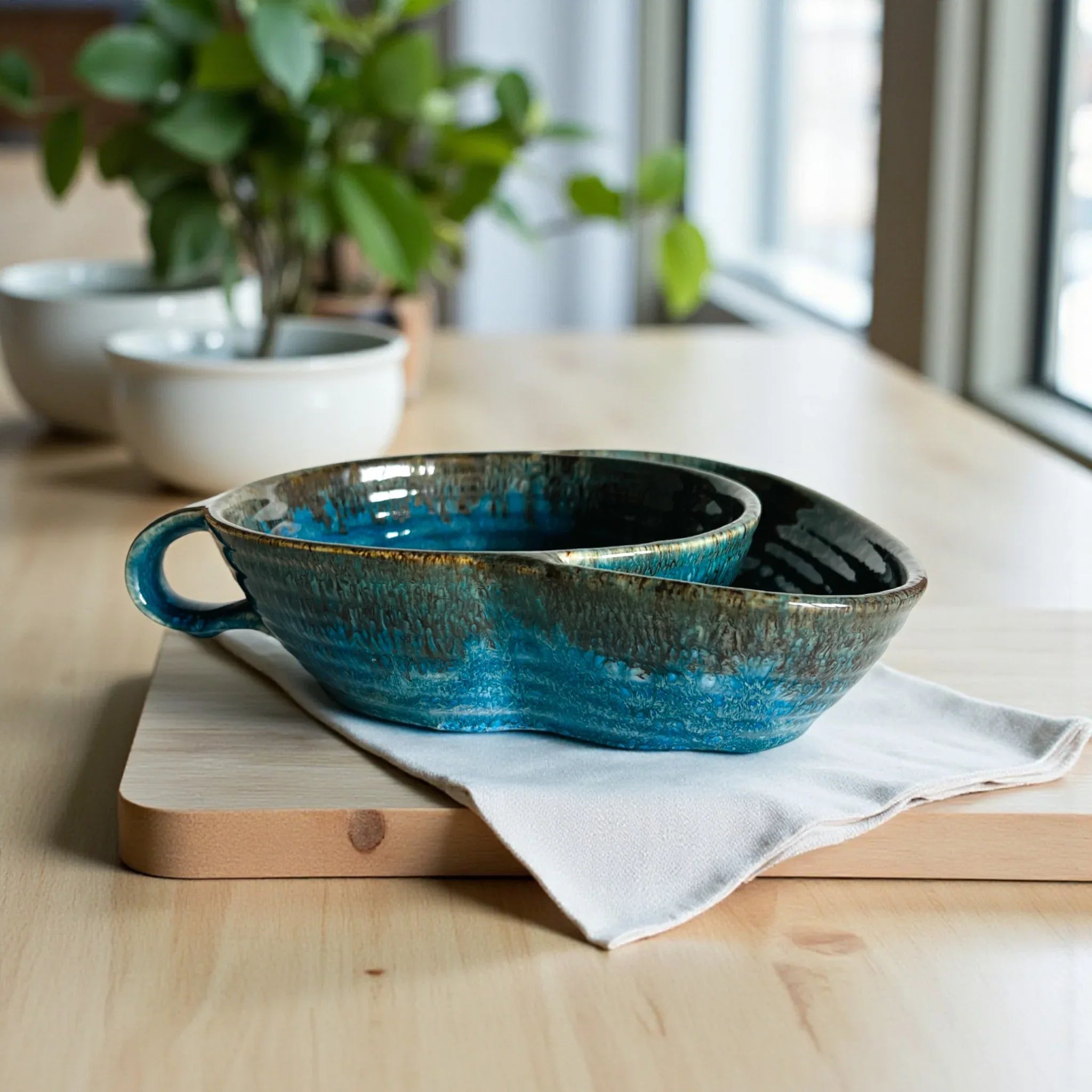 Twin Harbor Chip and Dip Bowl; a glossy ocean-blue ceramic platter with an integrated dip well and handles.