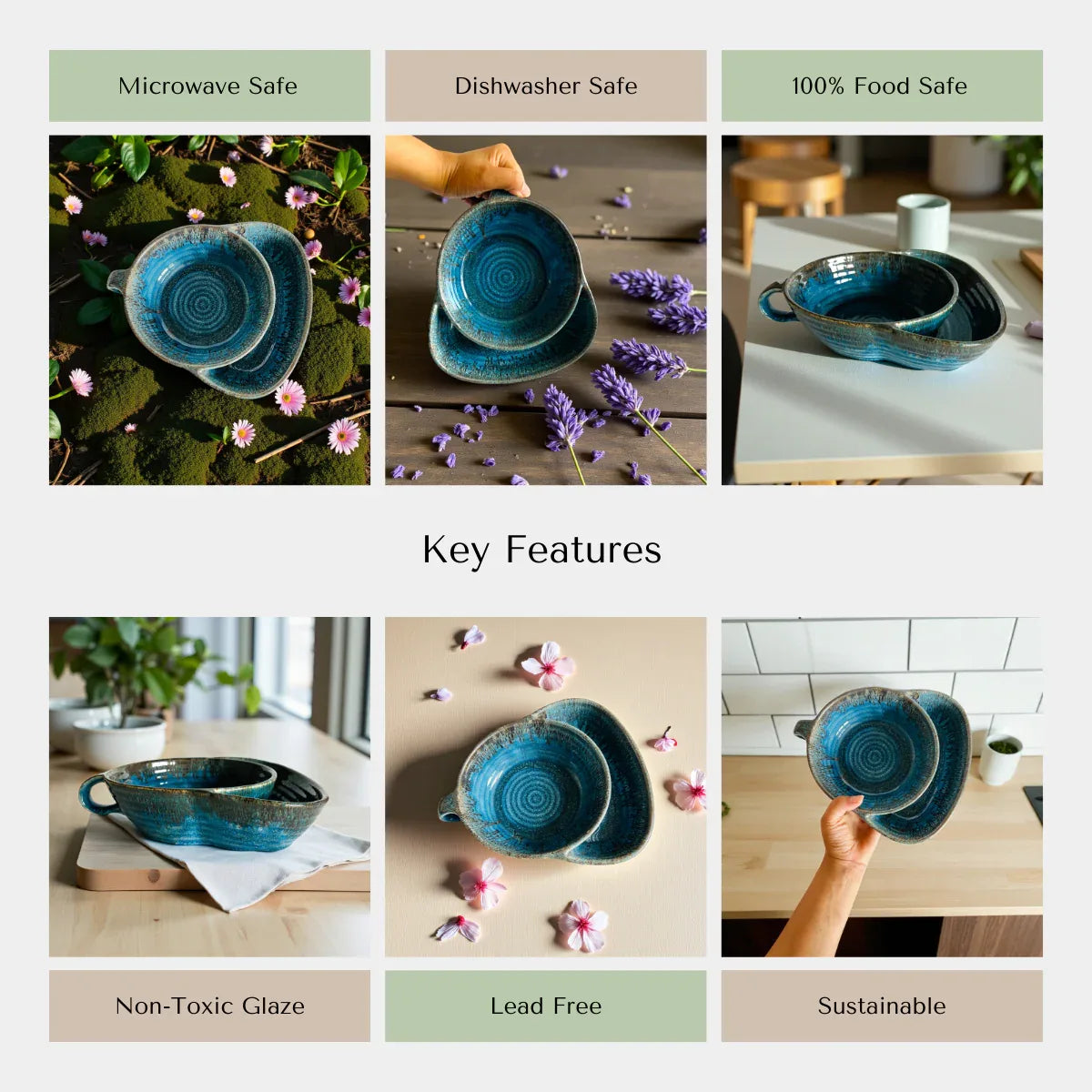 Rustic Stone quality; heat-retaining ceramic, dishwasher safe, and non-toxic glaze for casual dinner parties.