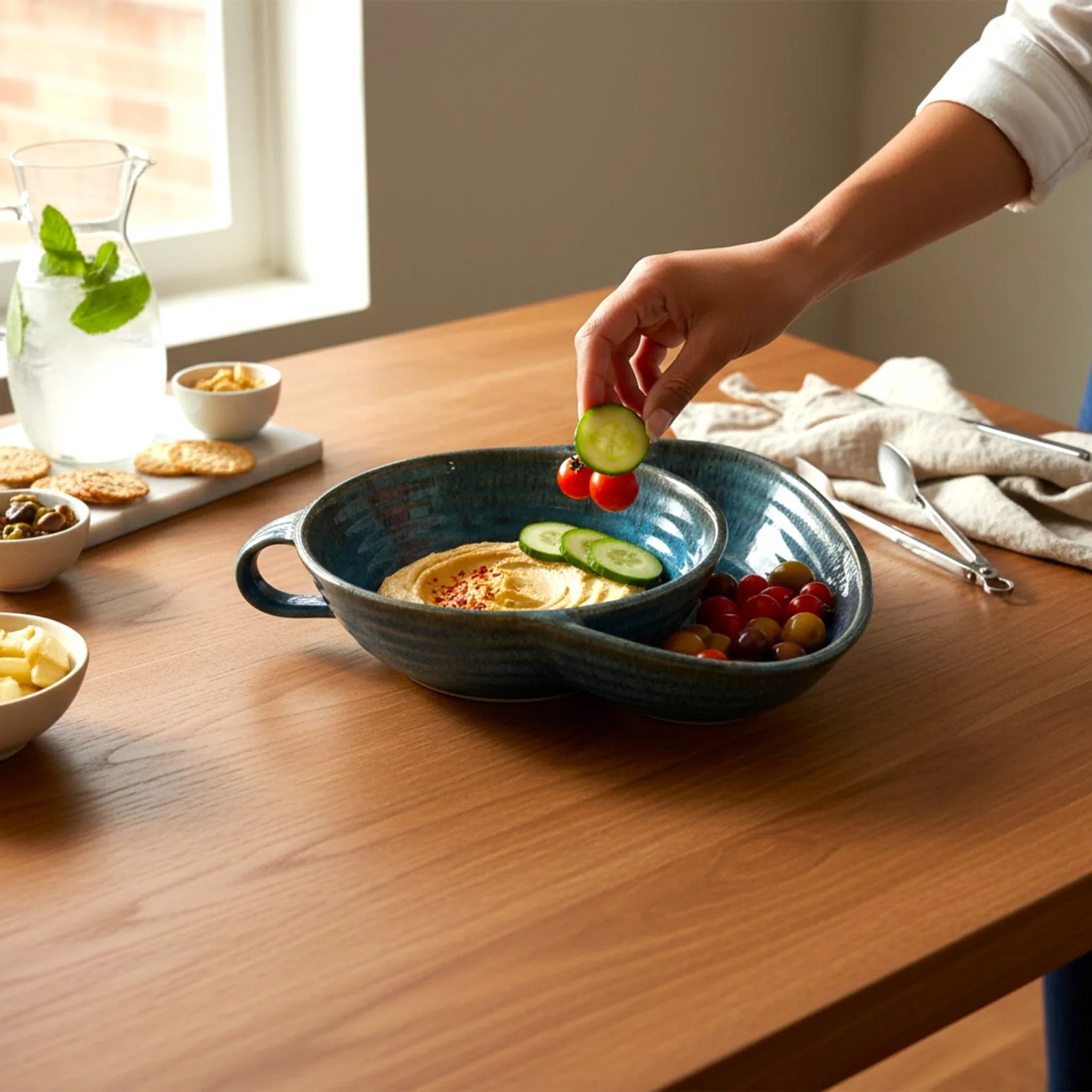 Appetizer serving; showing the 9-inch platter filled with cherry tomatoes, cucumber and a side of creamy hummus.
