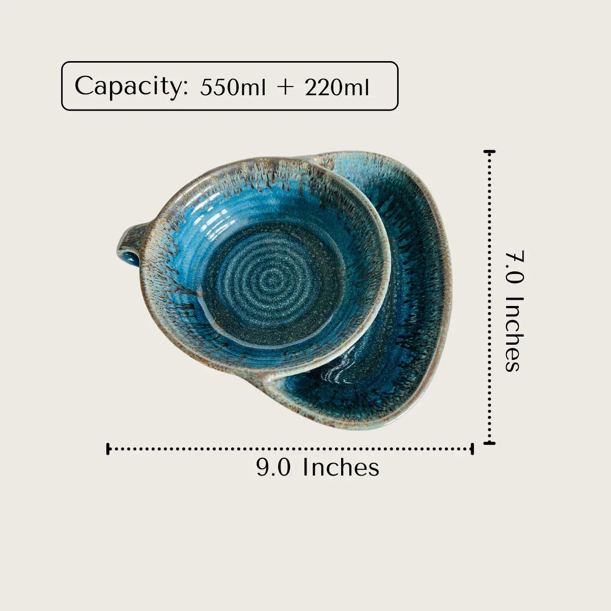 800ml blue ceramic chip and dip bowl; new bowl design with handles.
