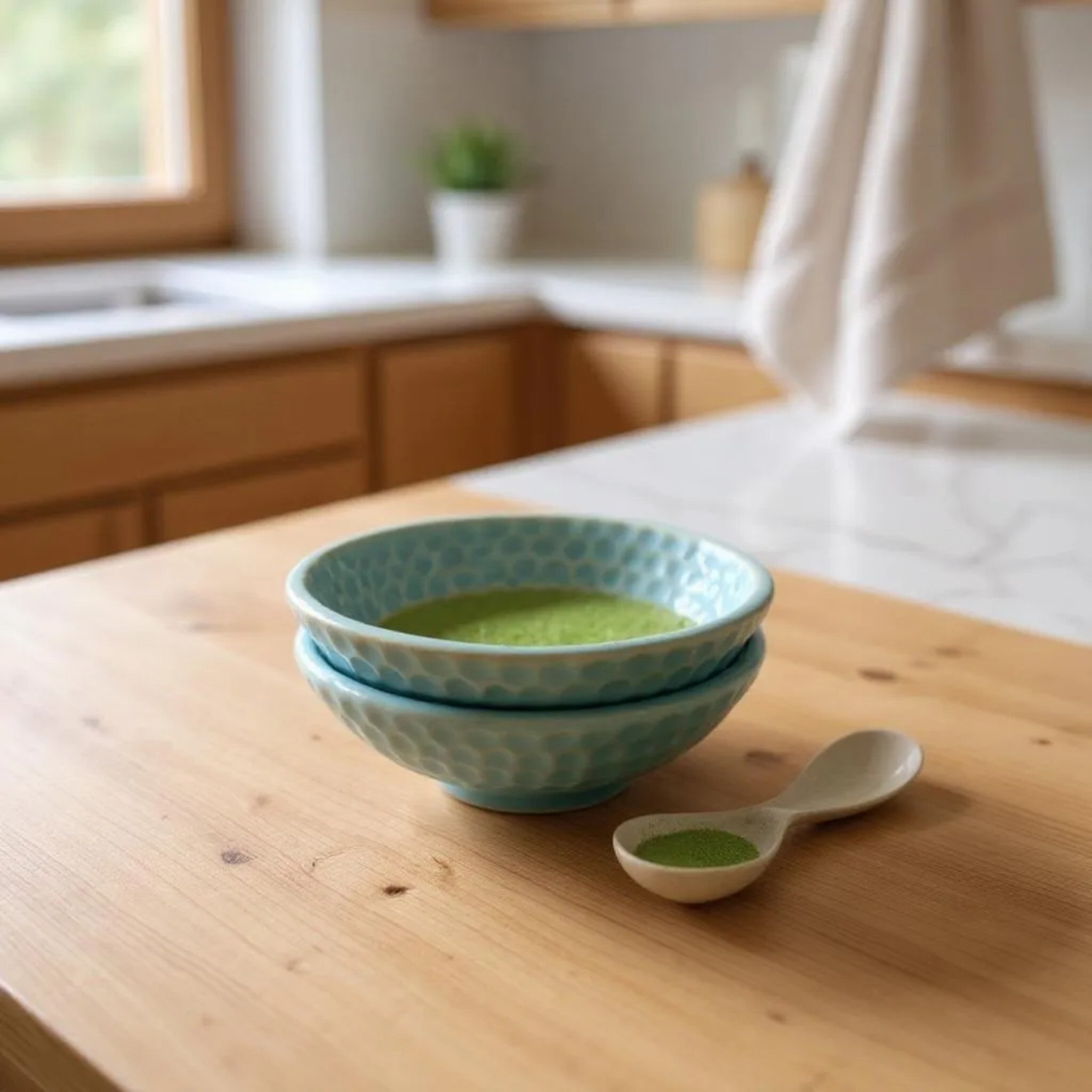 Stack of blue bowls with green substance on a wooden table in a kitchen.
