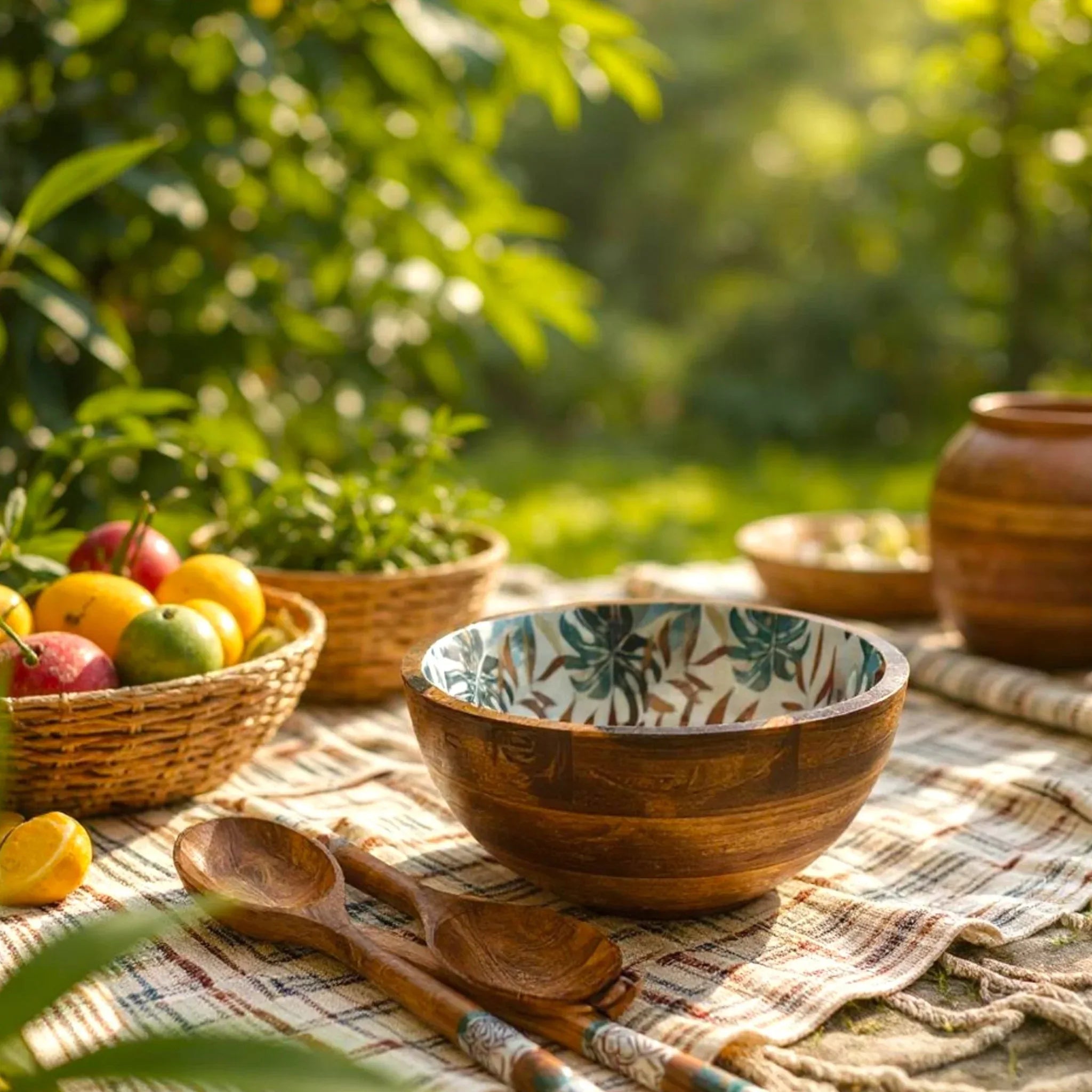 Garden-to-table lunch; the leaf-print bowl styled on a sunlit picnic mat surrounded by potted herbs; pinterest inspired picnic.
