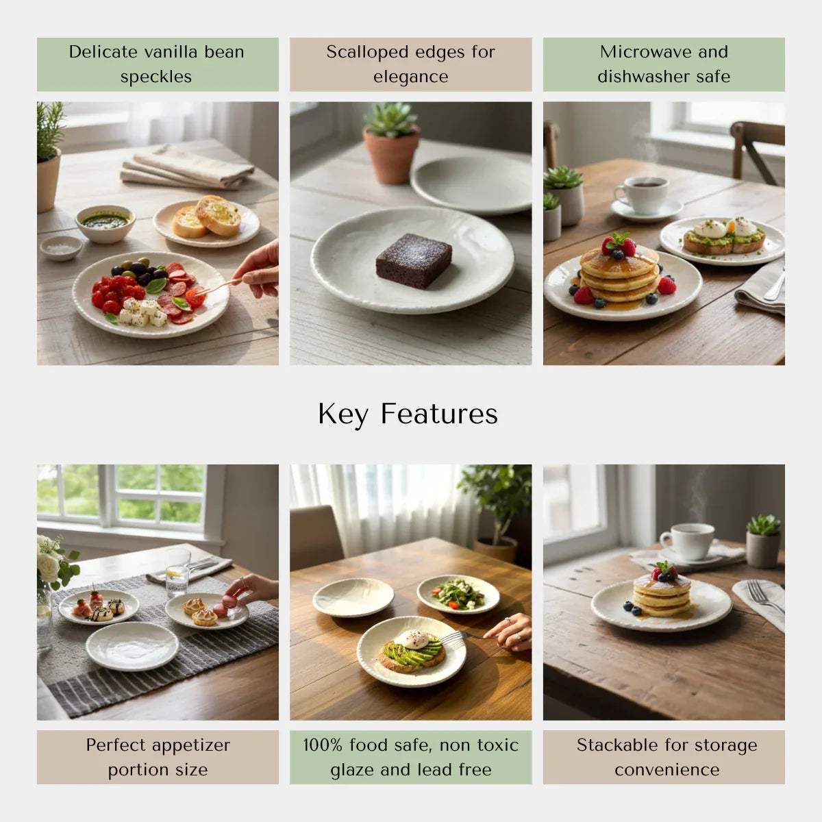Rustic Stone quality; microwave and dishwasher safe, lead-free, and handcrafted matte white plates.