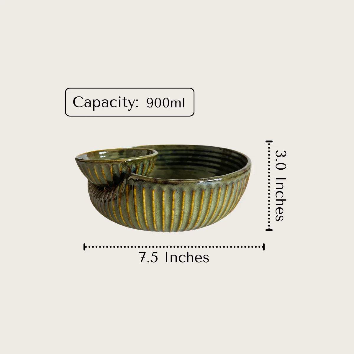 900ml green ceramic chip and dip bowl with measurements and capacity.