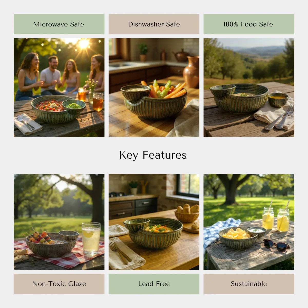 Rustic Stone quality; heat-retaining ceramic, dishwasher safe, and non-toxic glaze for snacking and chips.