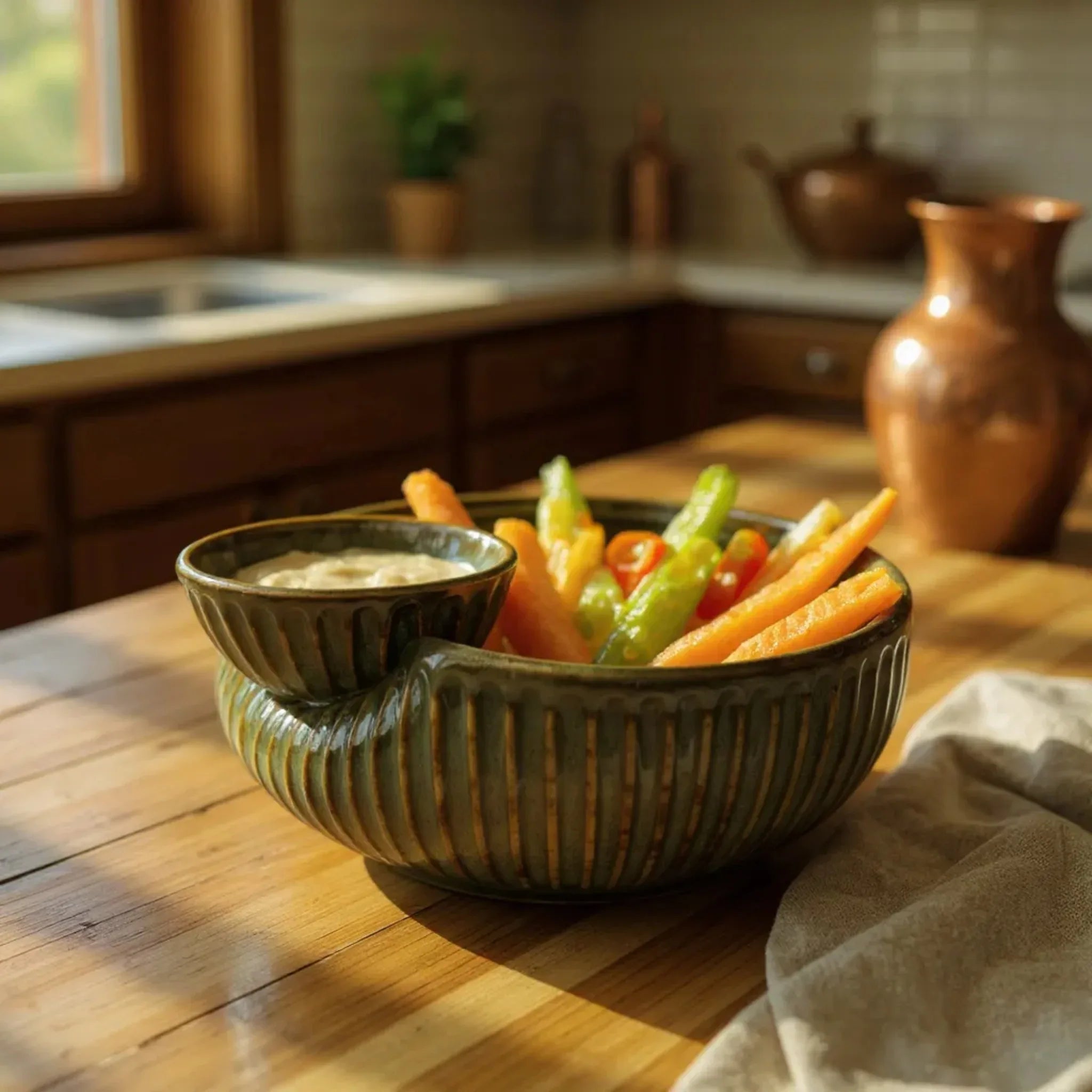 Verdant Ridge Chip and Dip Bowl; glossy green ceramic with a ribbed texture and integrated dip section.