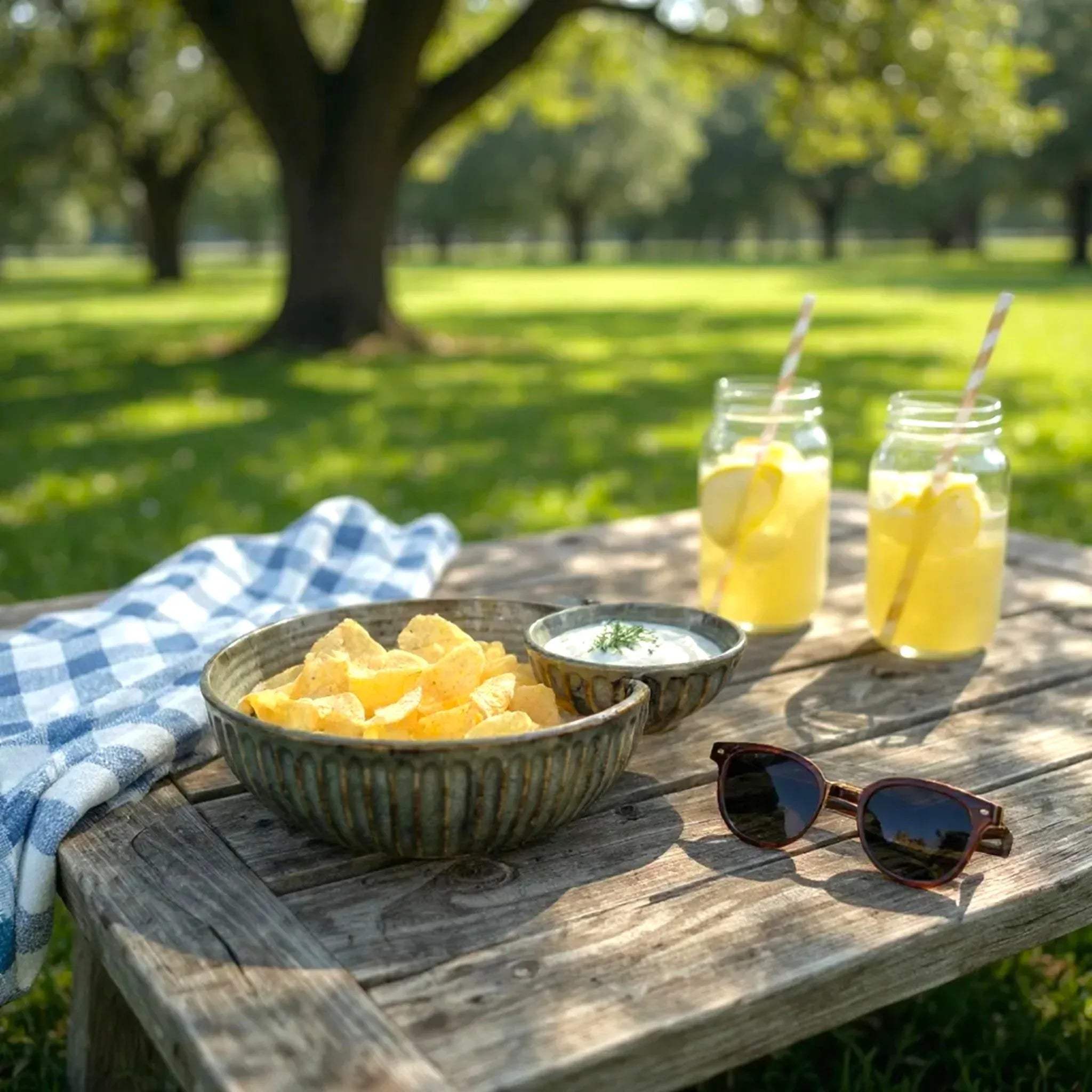 Outdoor setting with a wooden table, bowls of snacks in a green chip and dip bowl, glasses of lemonade, and sunglasses.