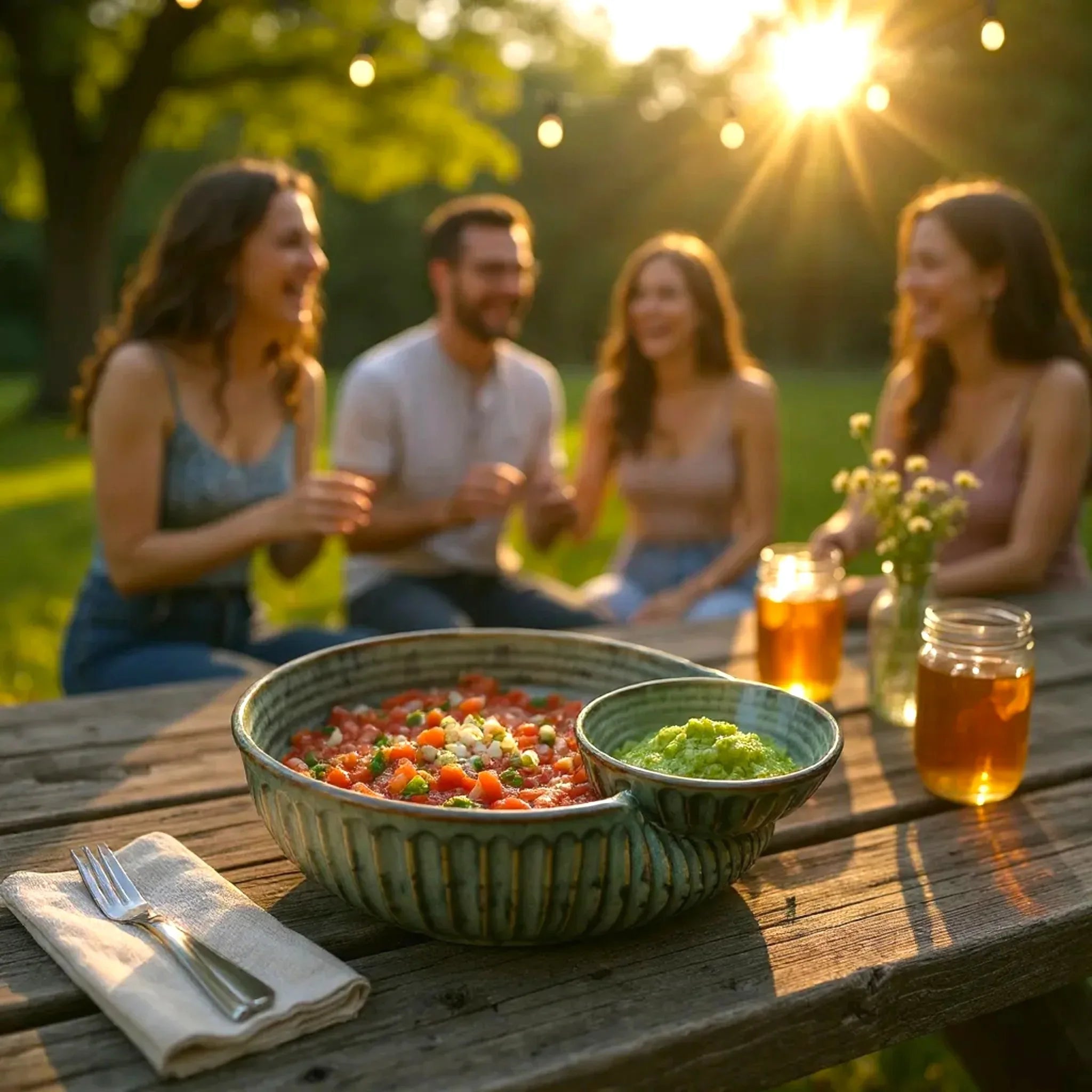 Outdoor garden party; the mossy green bowl styled on a wooden patio table with guac and salsa.