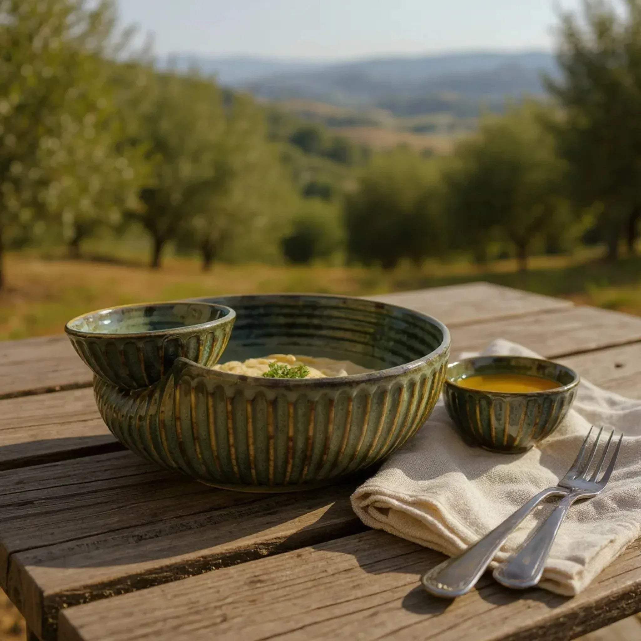 Ribbed ceramic texture; a close-up showing the handcrafted ridges and the rich, glossy forest green glaze.