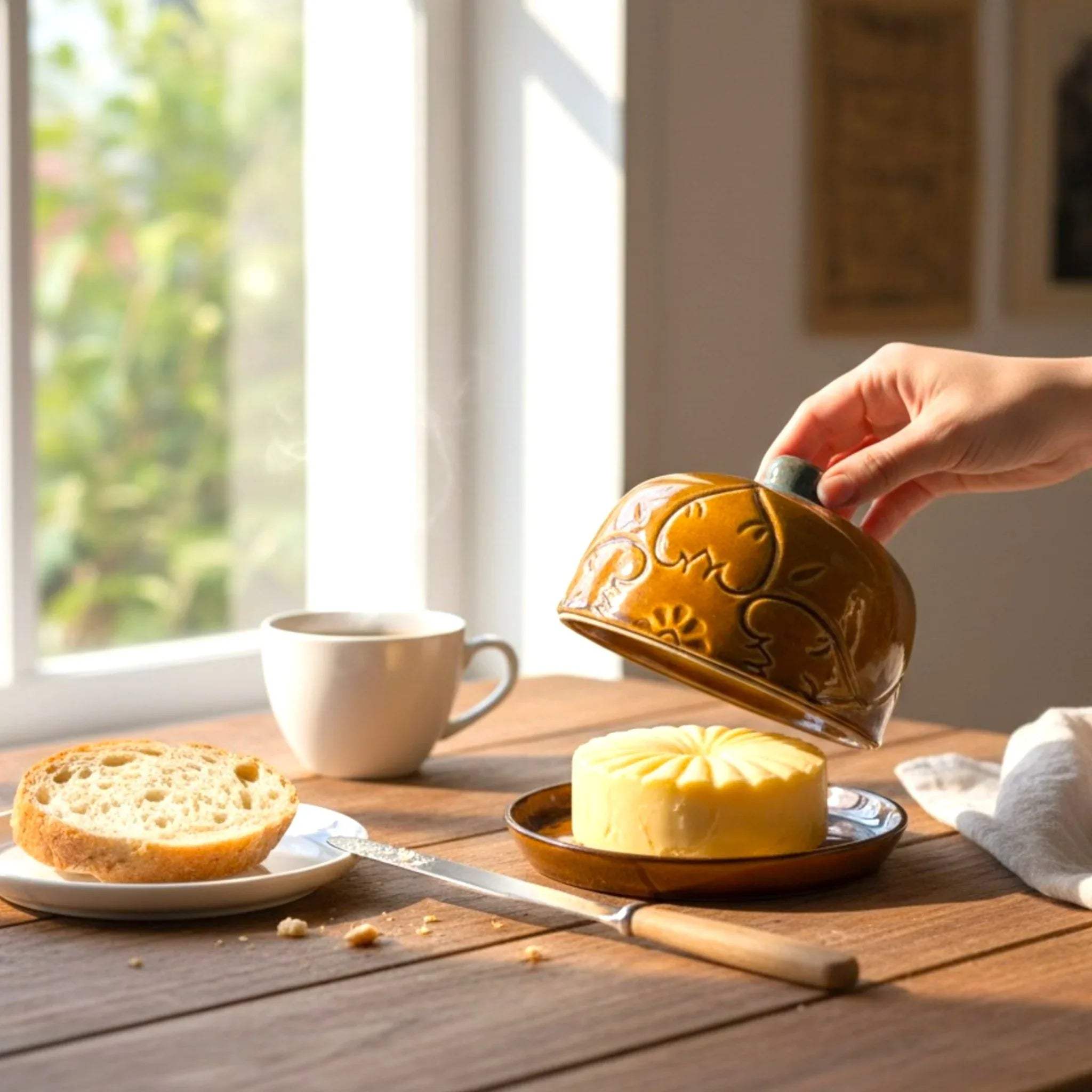 Vintage Amber Butter Dish; etched ceramic domed butter keeper with a matching base on a wooden kitchen counter.