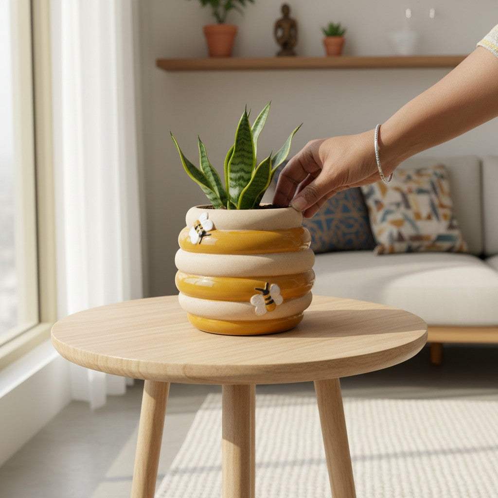 A golden yellow honey pot ceramic planter styled with a leafy green plant on a rustic wooden side table.