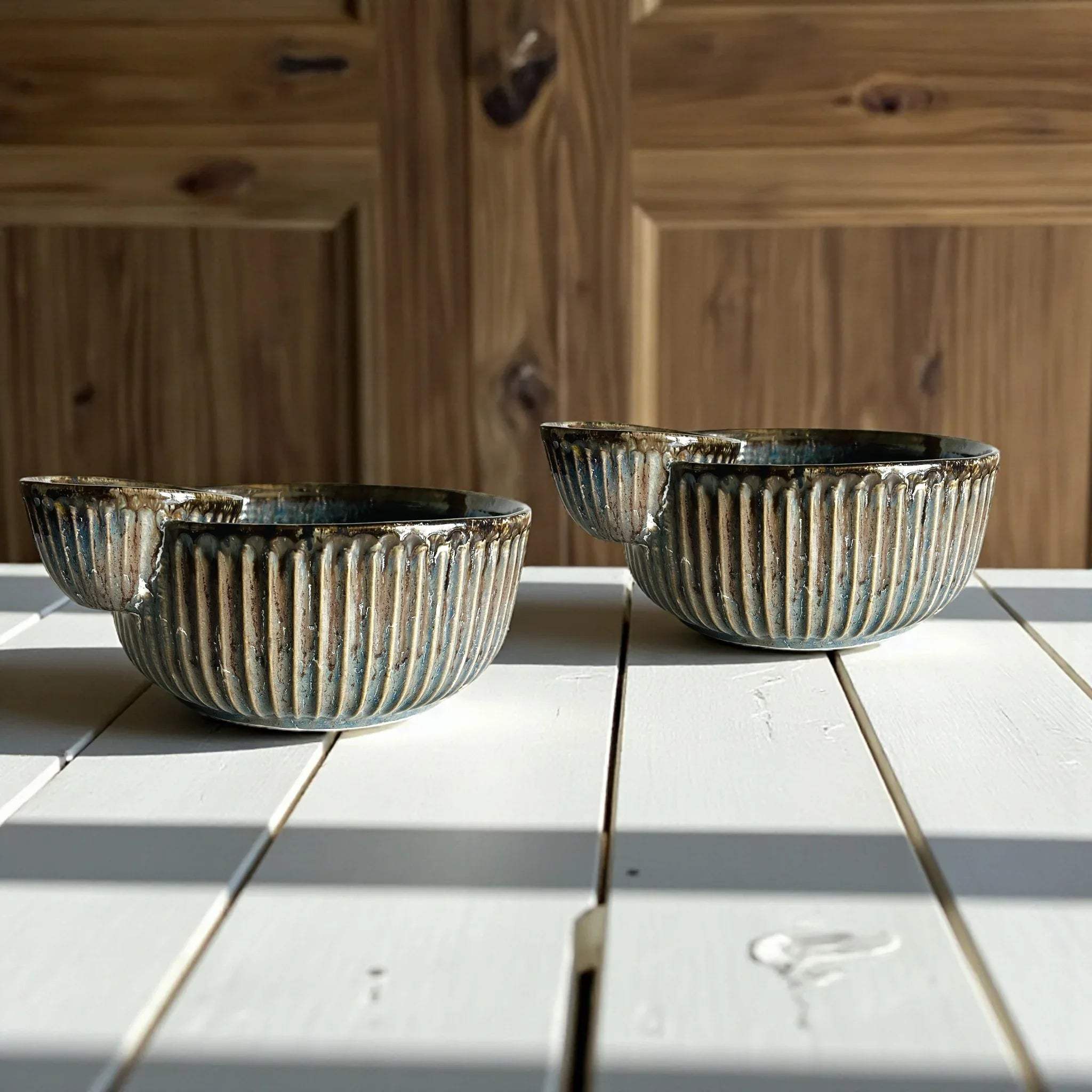 Close-up of the vintage ribbed design; highlighting the tactile "pebble" ridges and smooth matte artisanal glaze.