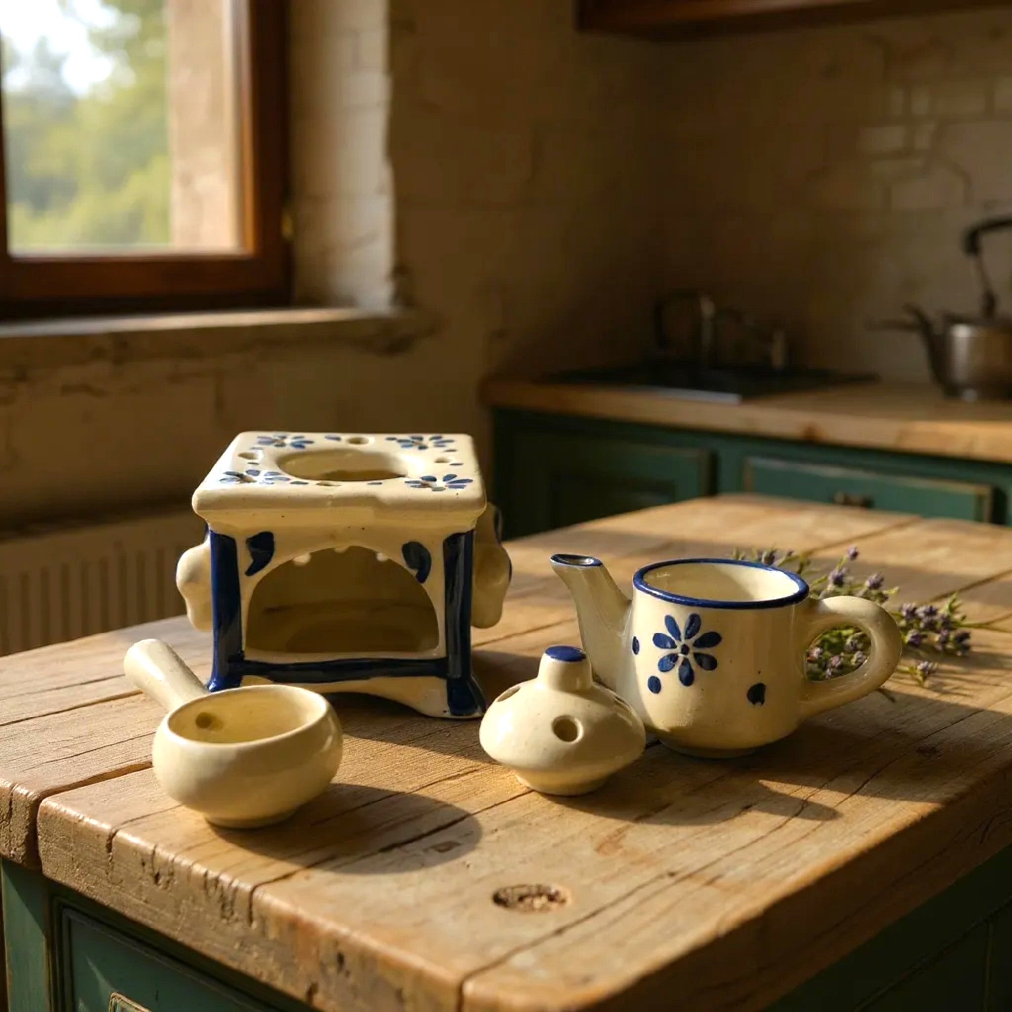 Hand-painted stove details; intricate ceramic oven features and artisanal pottery vents for fragrance release.