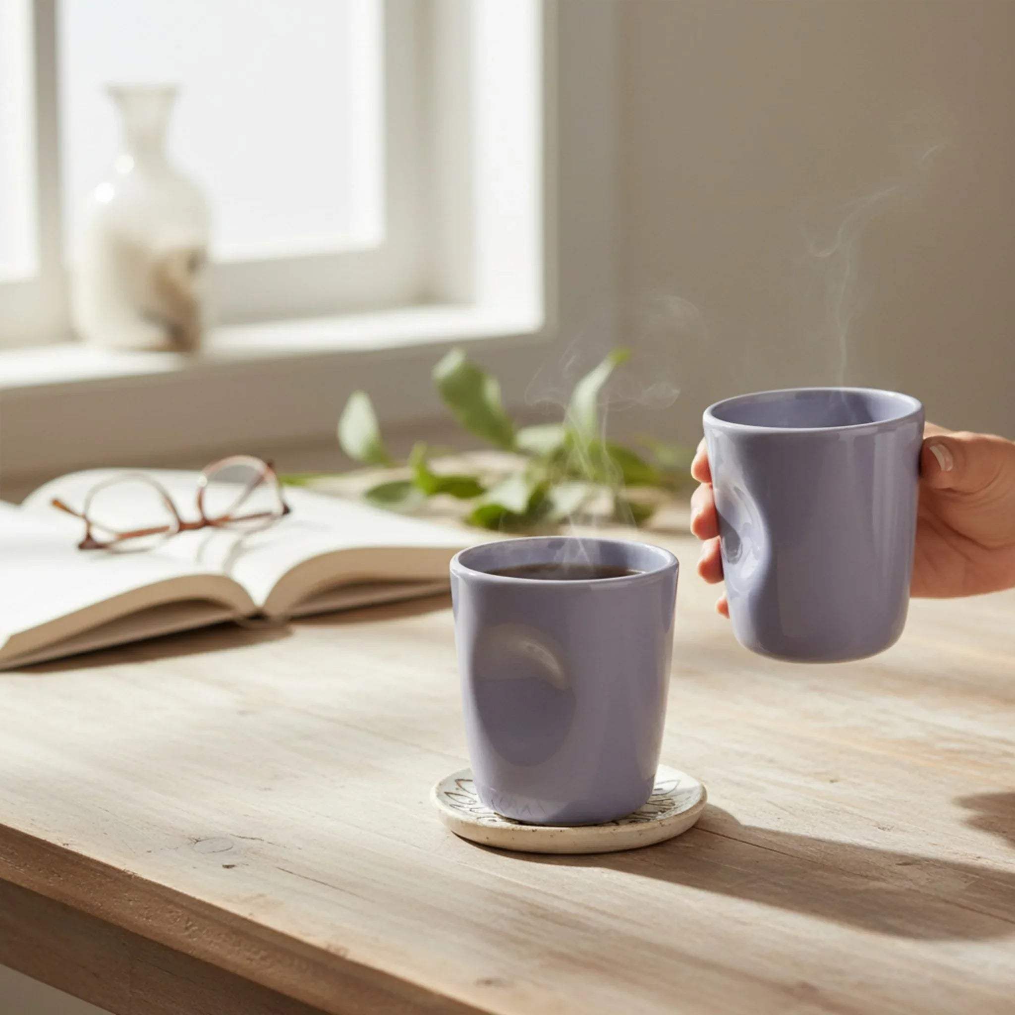 Person holding a steaming cup of coffee in a purple ceramic glass on a wooden table with books and plants in the background