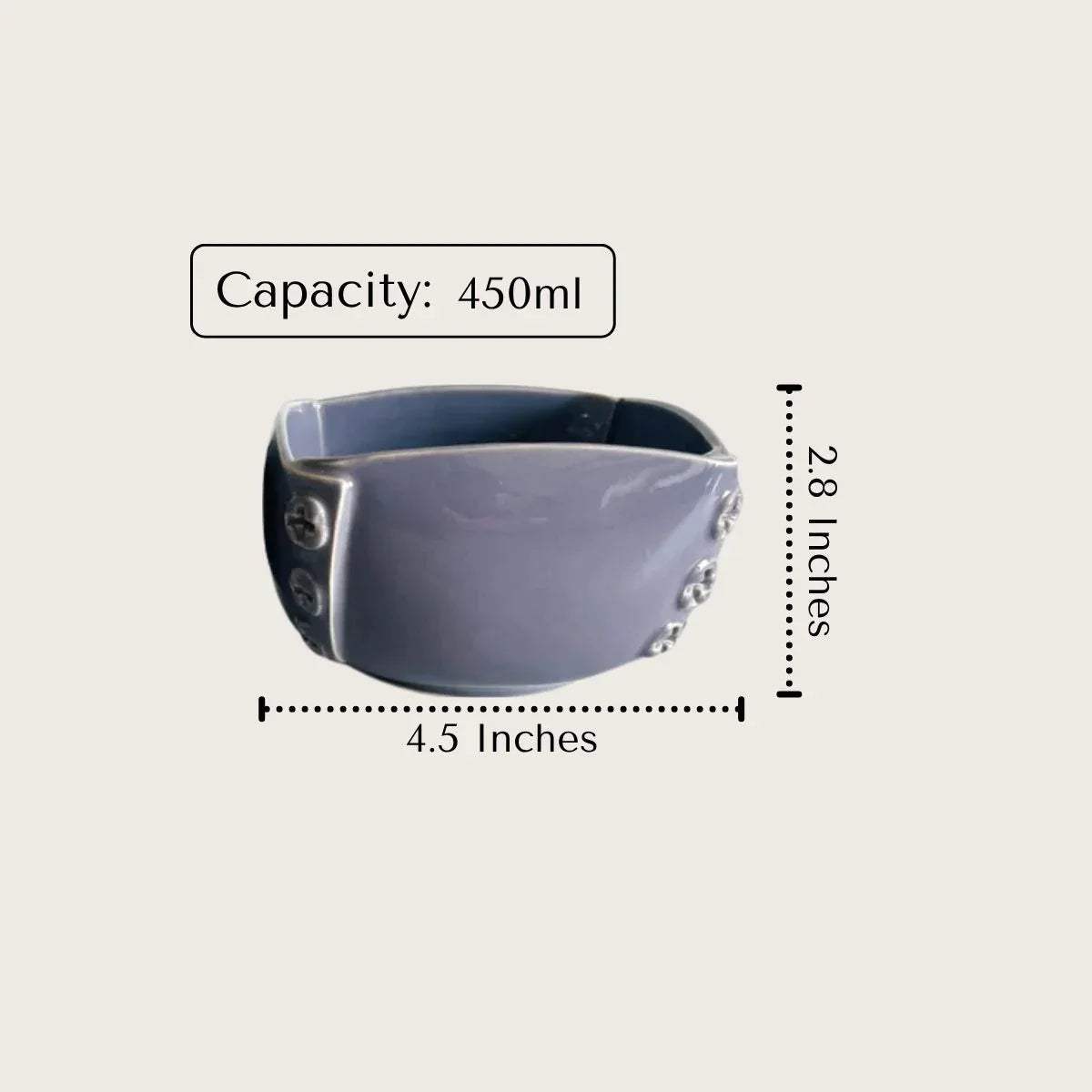 4.5" Diameter x 2.8" Height; graphic highlighting the large size for soup, snacks, or single-serve portions with 450ml capacity.