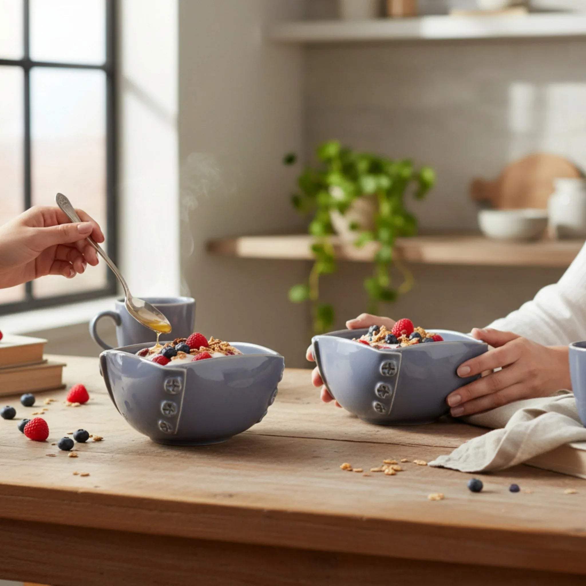 Morning yogurt serving; showing the 450ml bowls holding a portion of Greek yogurt topped with granola.
