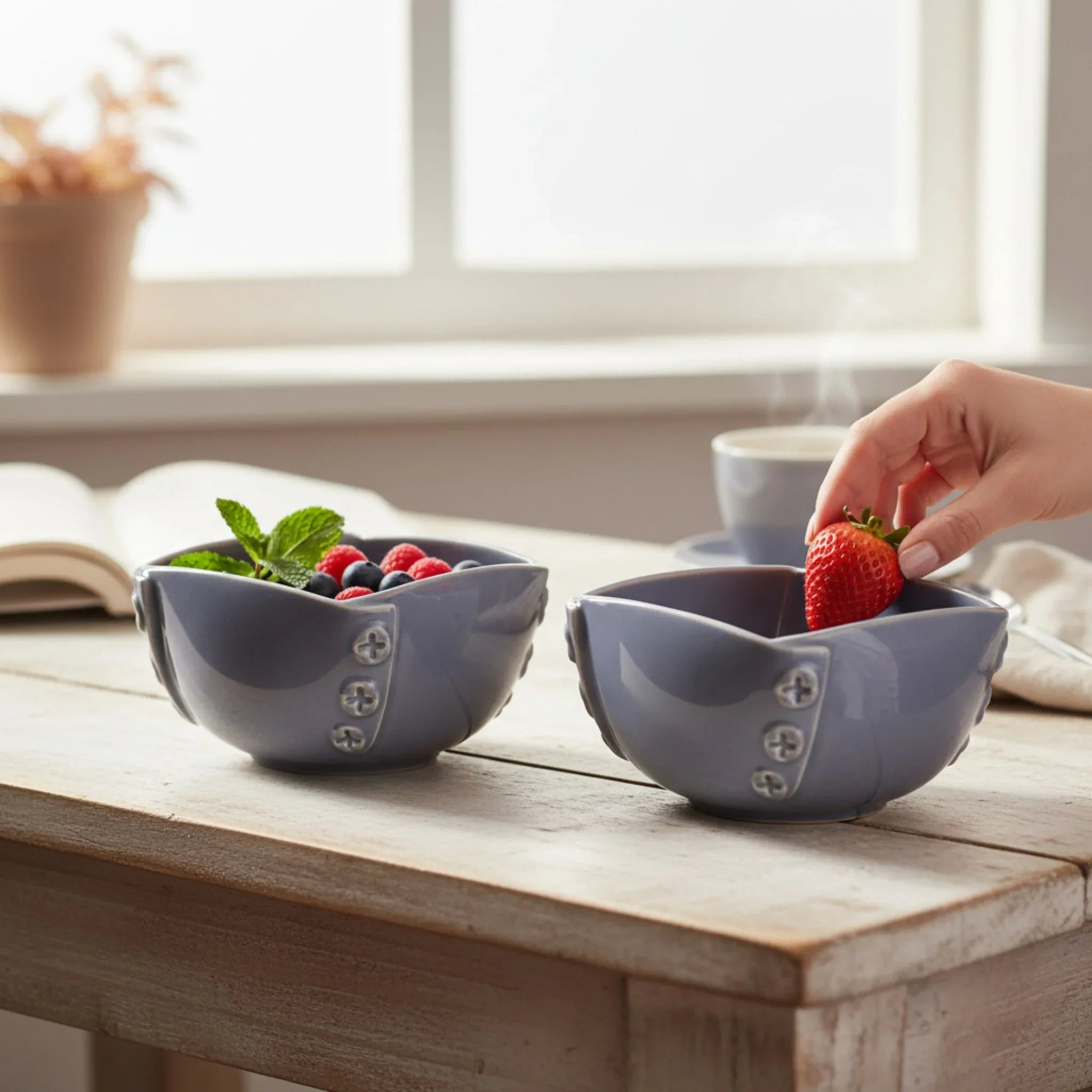 Violet Whisper Mini Bowls; set of 2 pale lavender ceramic bowls with a soft matte finish and organic edges.