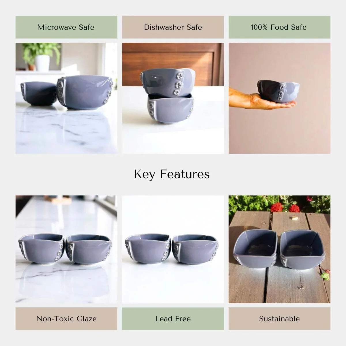 Violet whisper serving bowls features; microwave and dishwasher safe, lead-free glaze, and artisanal ceramic durability.
