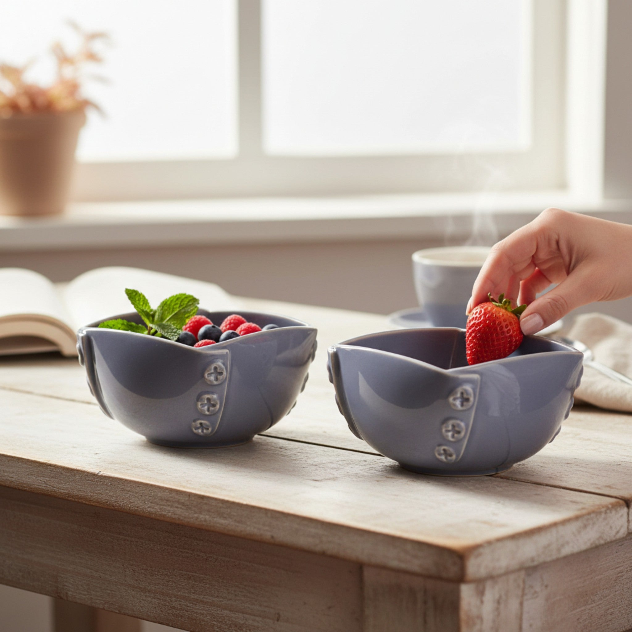 Two small blue bowls on a wooden surface with a hand placing a strawberry into one of them.