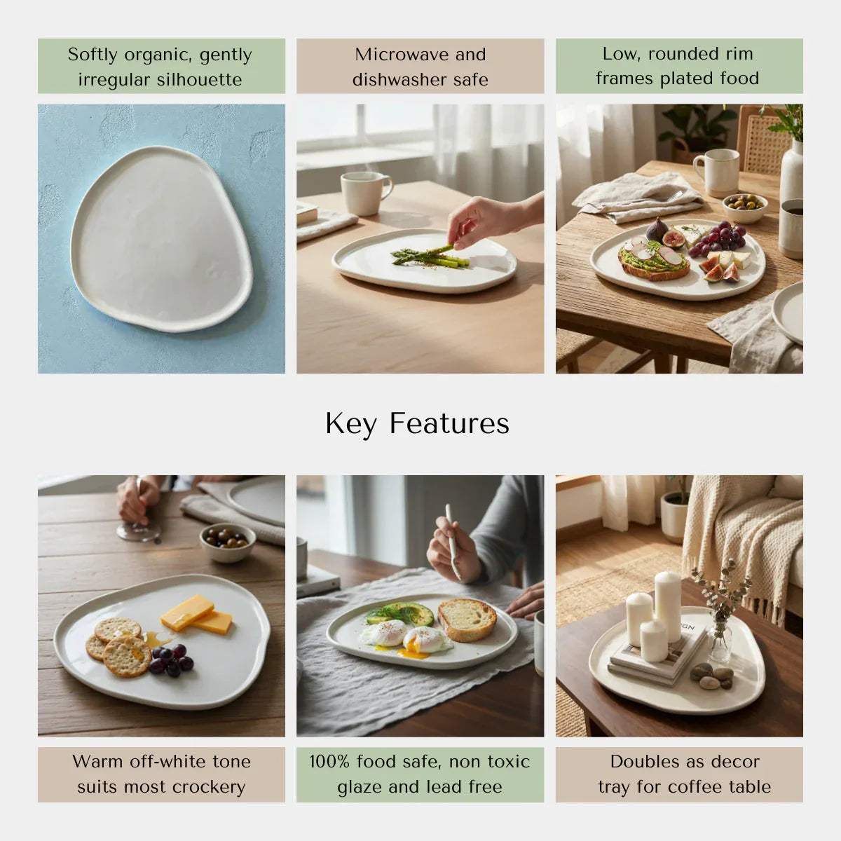 Artisanal plate features; microwave safe, dishwasher safe, non-toxic glaze, and artisanal Indian craftsmanship.