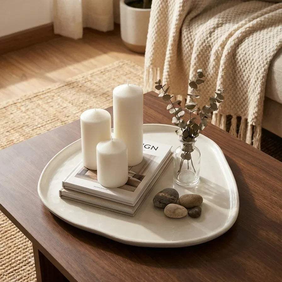 Wabi sabi plate being used as a decorative tray with candles, books, and a vase on a wooden table. Modern home setup.