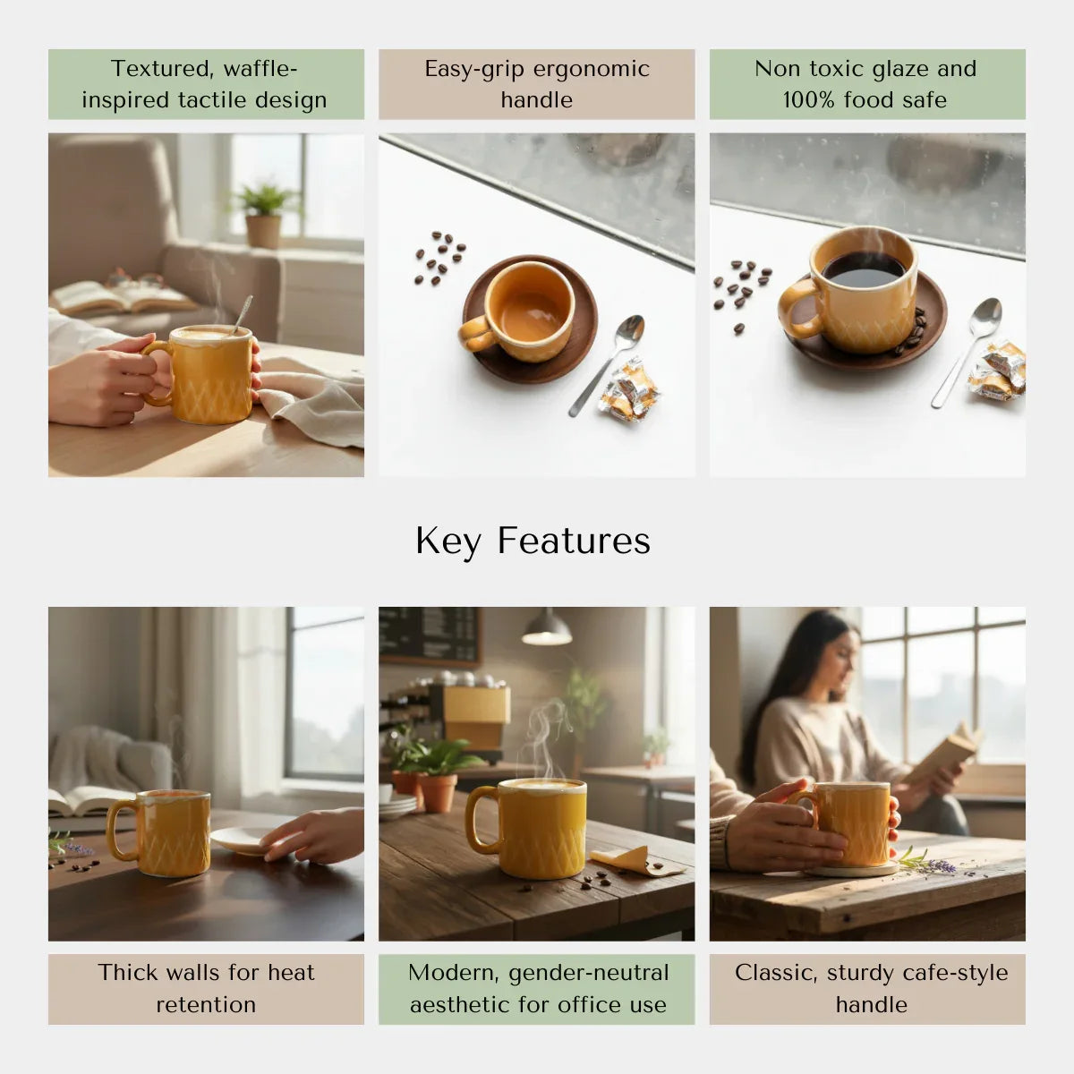 Waffle Mug features; microwave and dishwasher safe, lead-free non-toxic glaze, and handcrafted ceramic build.