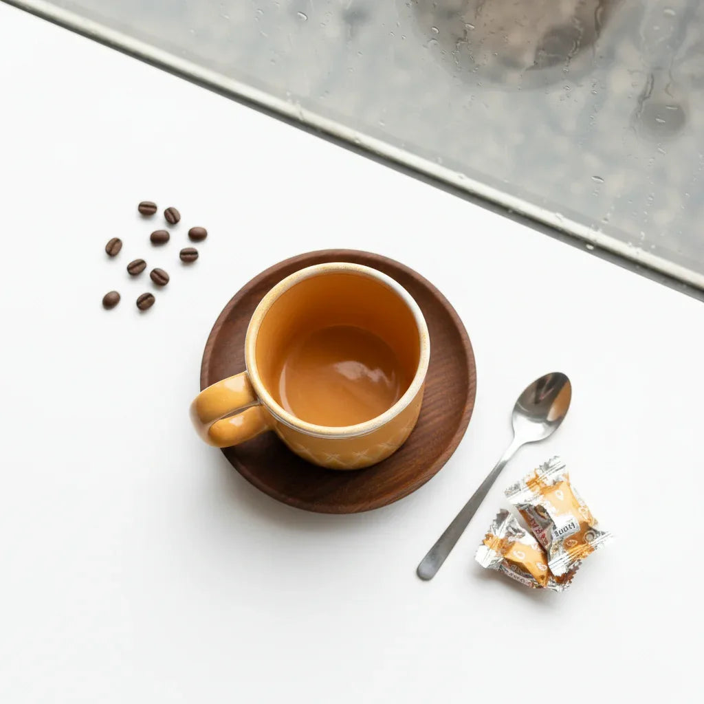 Top view of the a yellow coffee cup on a wooden saucer with coffee beans, a spoon, and packets of sugar on a white surface.