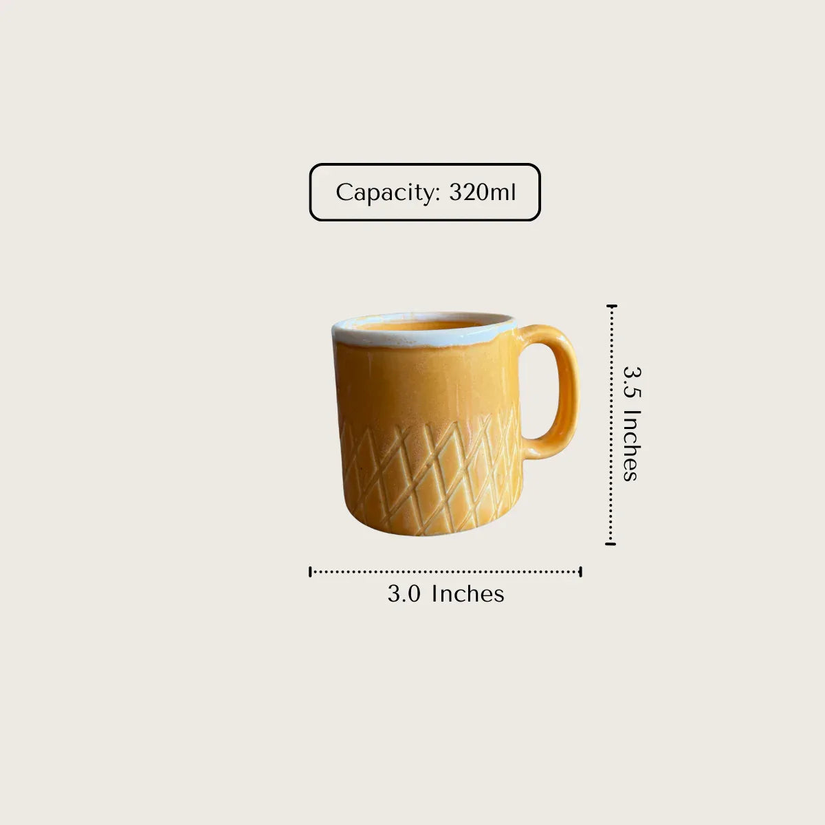 The Waffle Mug dimensions; 3.0" diameter x 3.5" height with a generous 320ml capacity for coffee or tea.