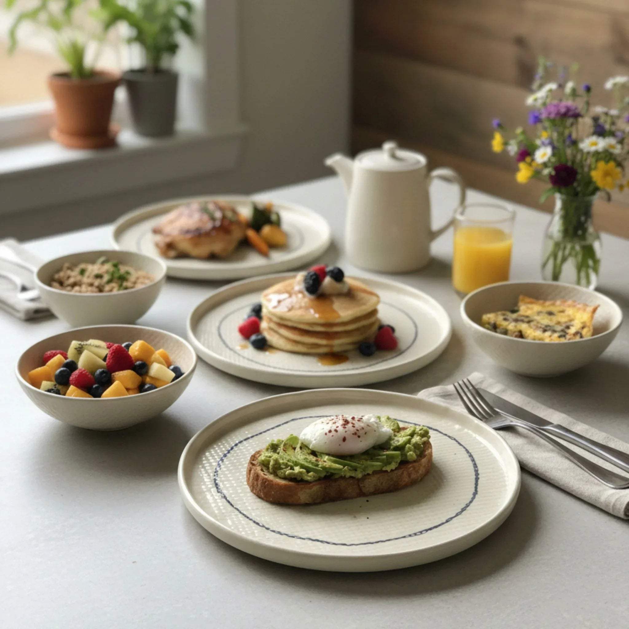 English breakfast; the white ceramic plates holding toast, avocado, fruits on a sunlit table.