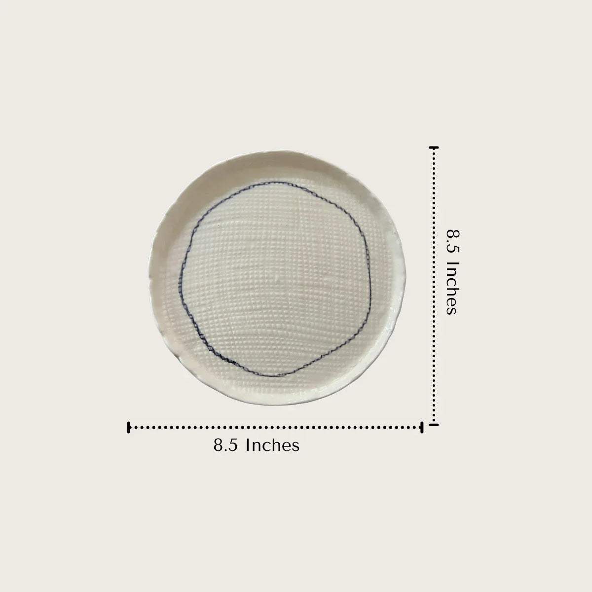 8.5 inch round woven ceramic plate with dimensions; perfect for lunches and romantic dates.
