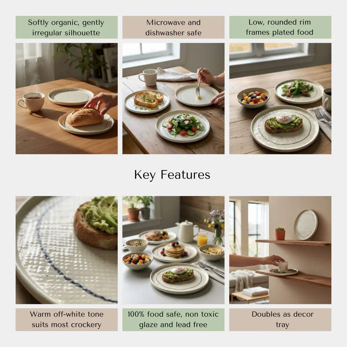 Rustic Stone quality; lead-free glaze, dishwasher safe, and handcrafted monochrome plates.
