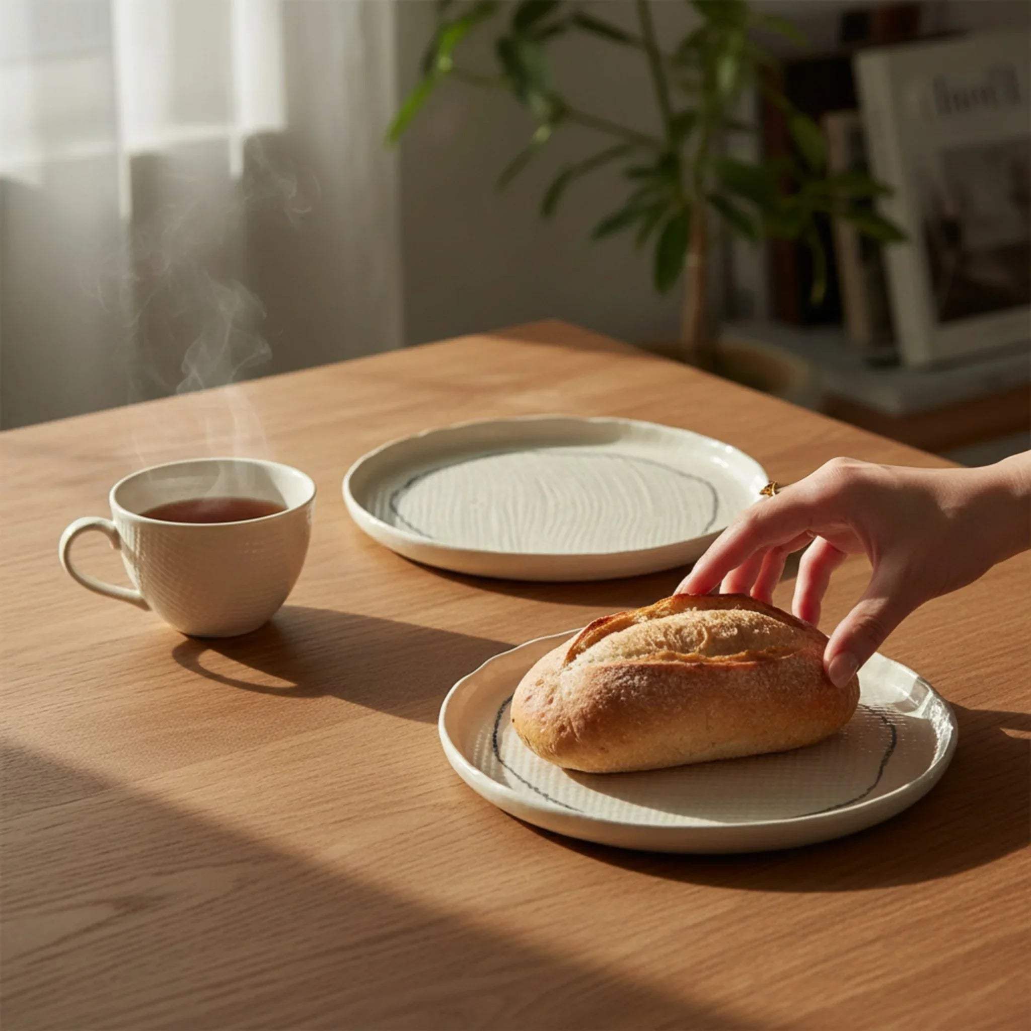 Weaver's Ring Plate Set; two ceramic plates with a distinct woven-texture rim in a soft neutral glaze.