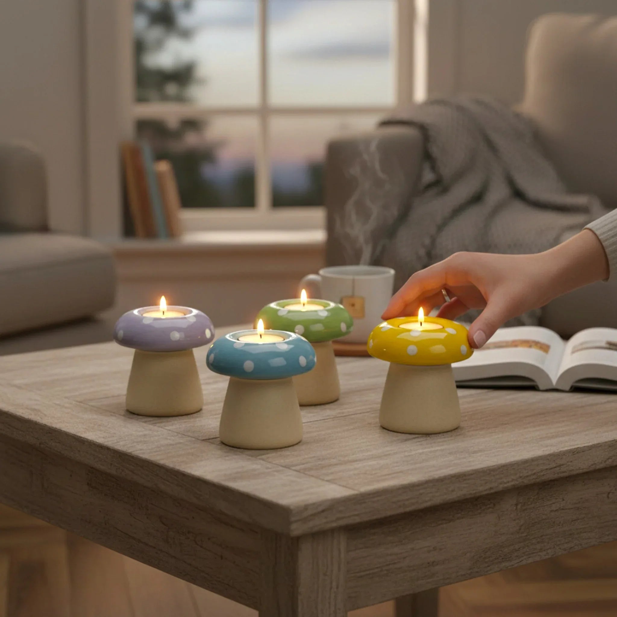 Twilight evening; the mushroom stands scattered across a coffee table with hot tea and book.