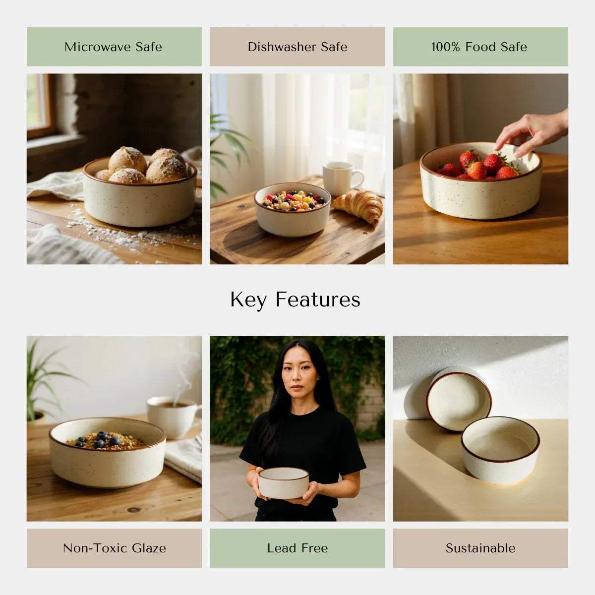 collage showcasing a matte white ceramic bowl with various uses and key  features 