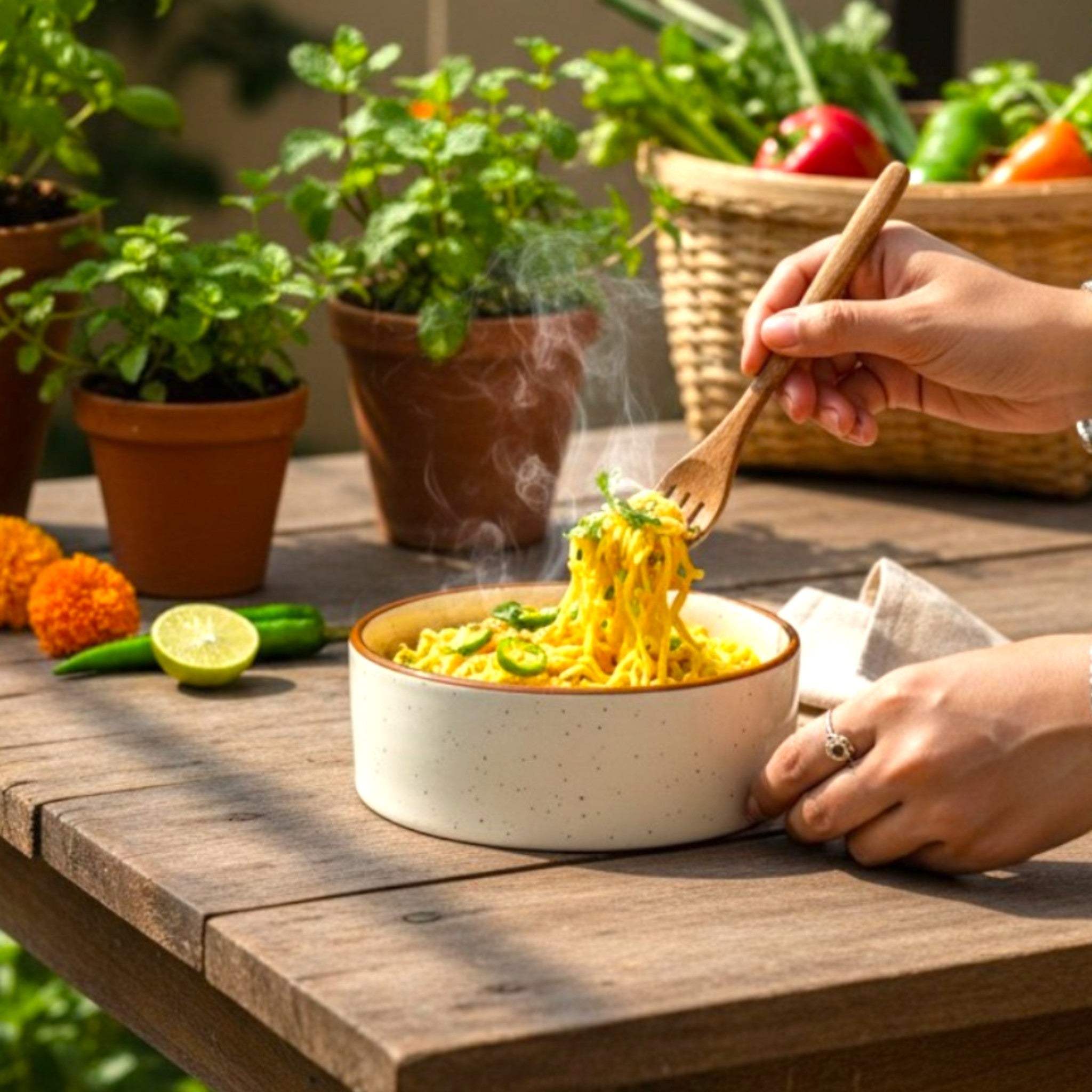 A steaming bowl of Maggi with green chilies in a white speckled ceramic bowl, set on a rustic wooden outdoor table in sunlight.