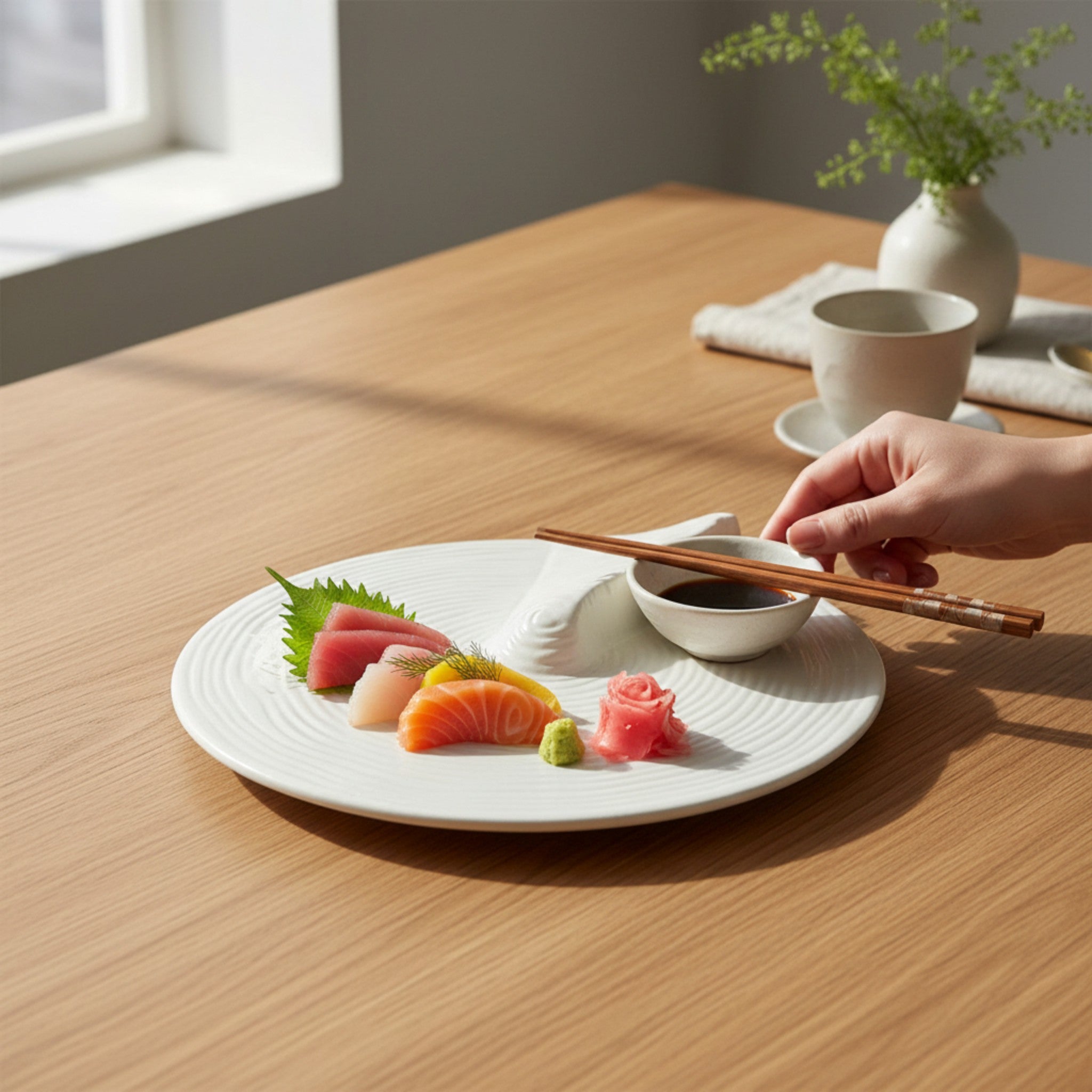 Modern table setting featuring an Arctic White Crest plate with sushi and chopsticks.