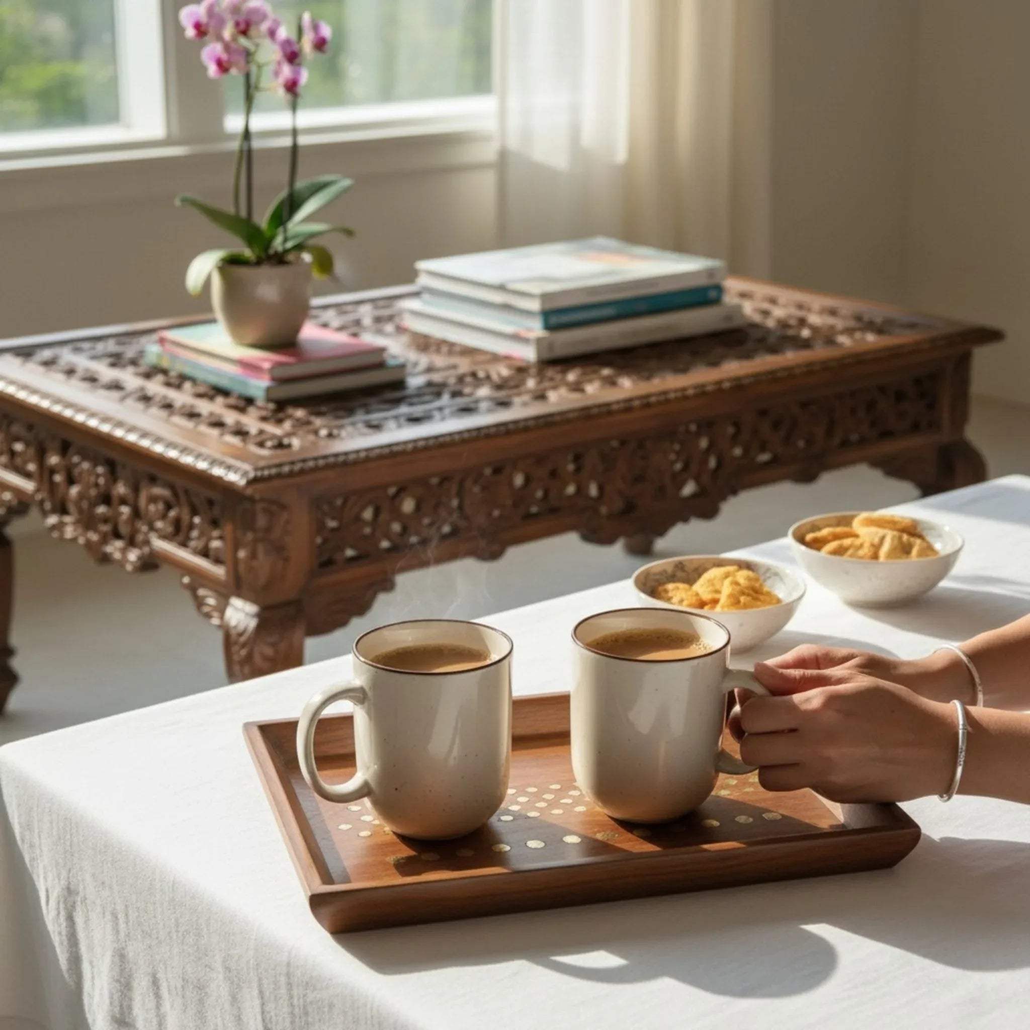 Two cups of tea on a wooden tray with a person holding one mug, in a modern Indian home.