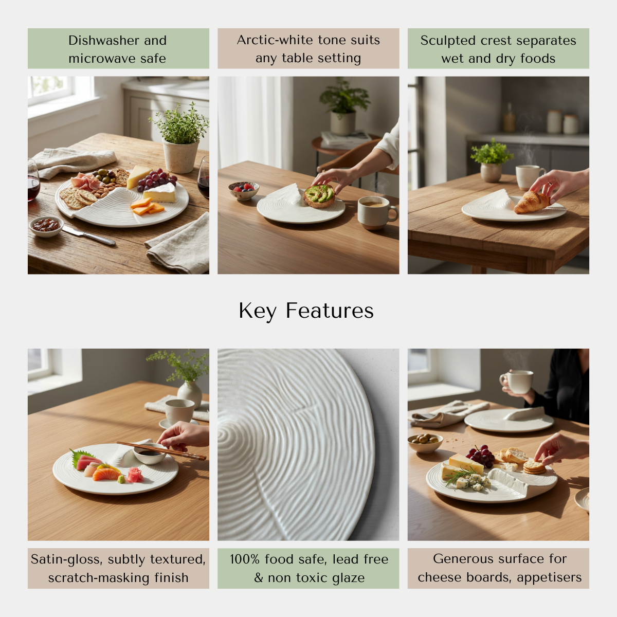 Collage showing a ceramic platter with key features like microwave and dishwasher safe.