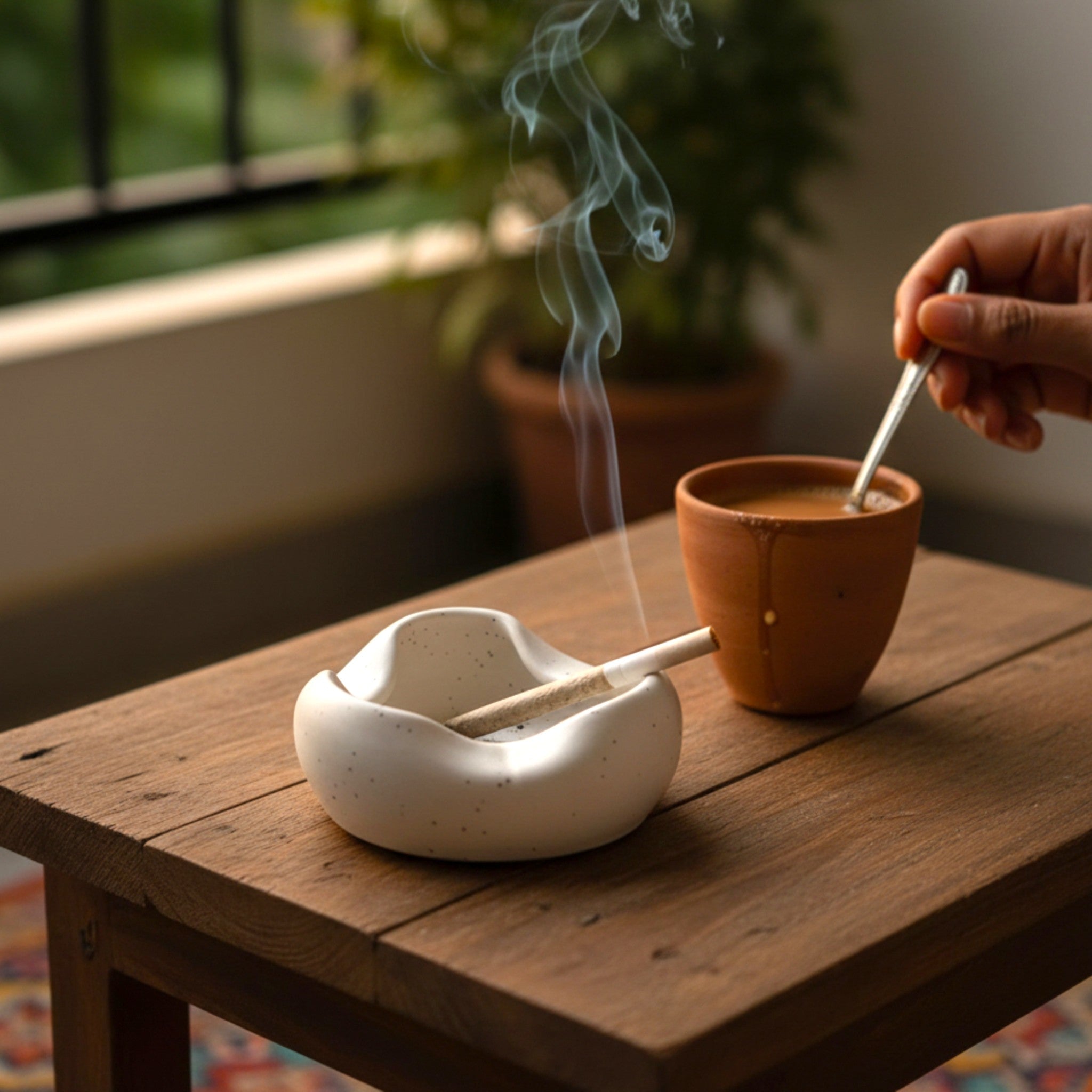 Person lighting a cigarette on a white ashtray with a cup of tea