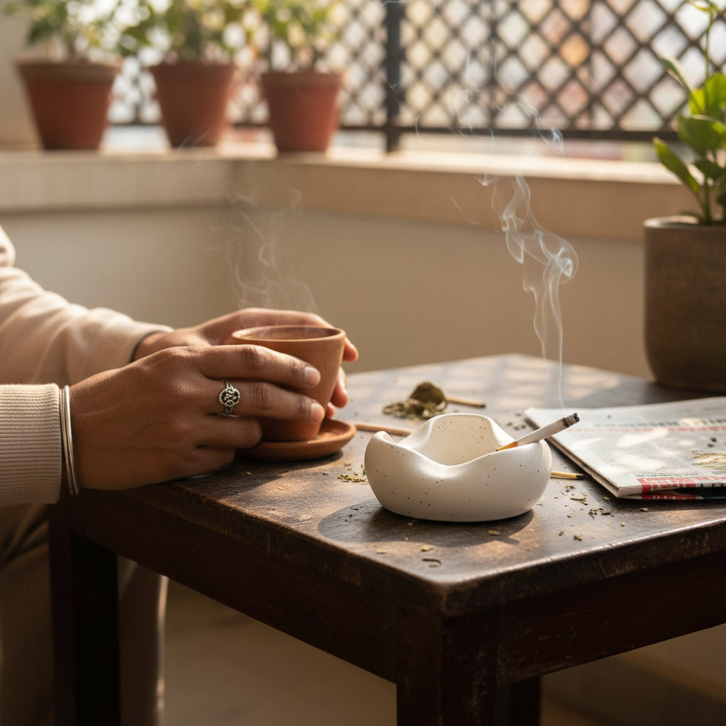 Person holding a hot cup of tea on a wooden table with plants in the background and white ashtray