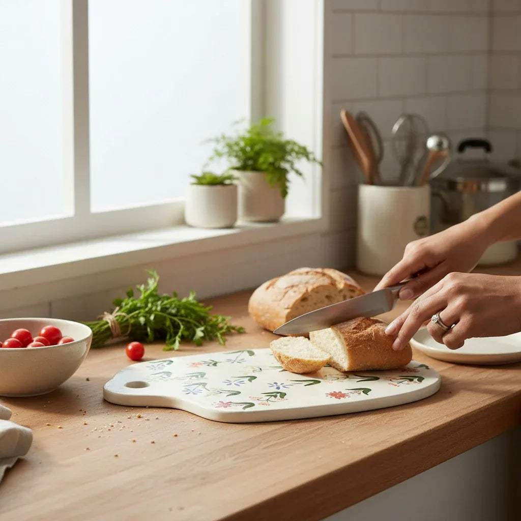 Person slicing bread on a decorative ceramic cutting board in a bright kitchen.