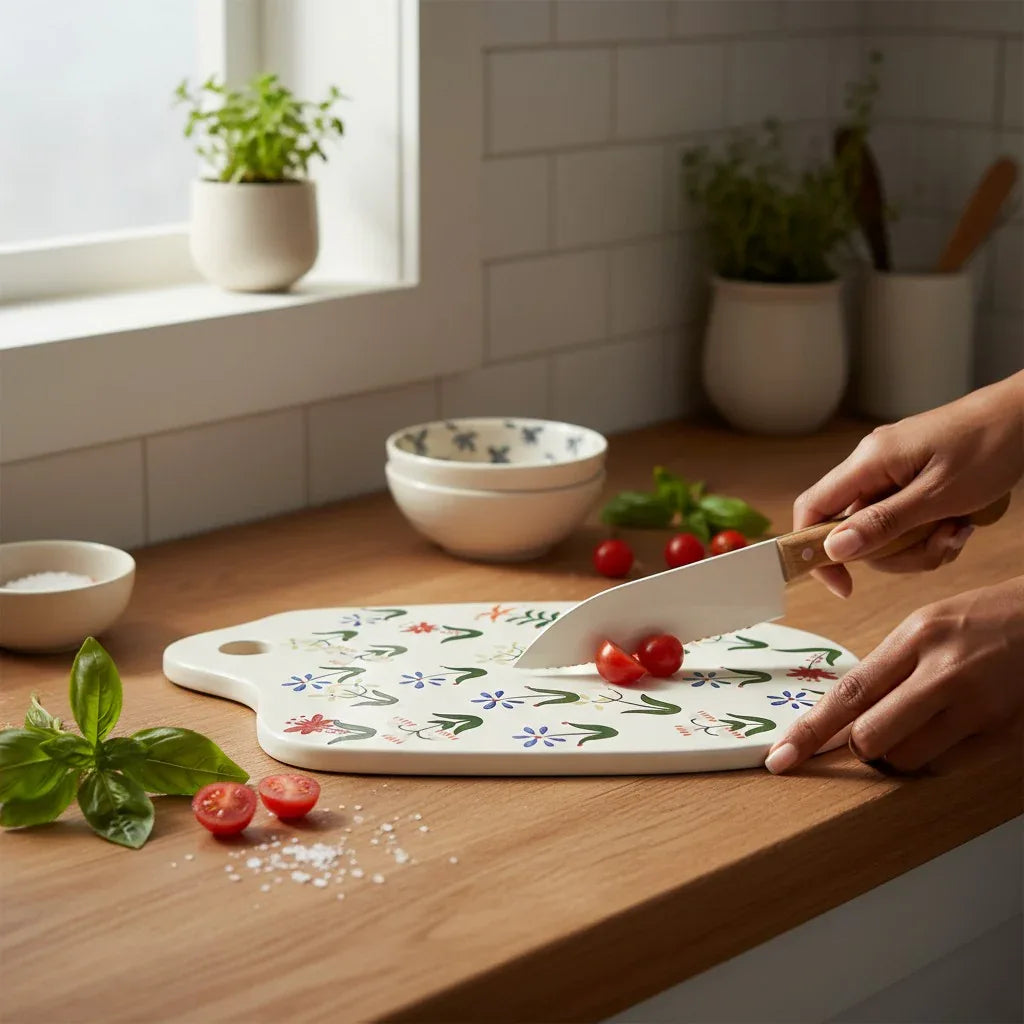 Kitchen prep moment; the 14-inch ceramic board being used to dice fresh herbs and tomatoes.