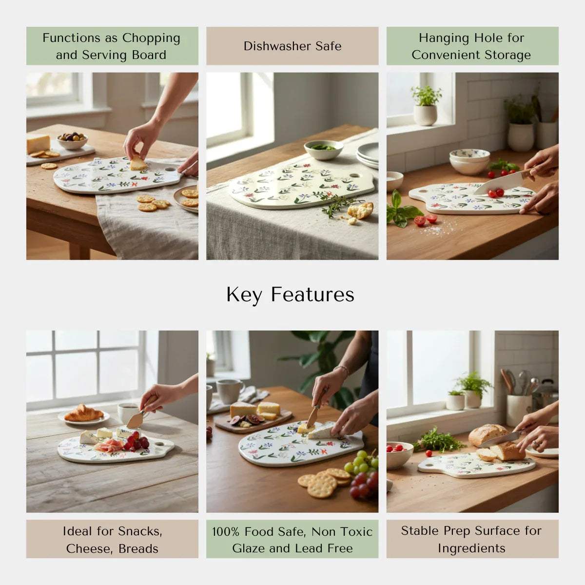 Rustic Stone quality; heat-resistant ceramic, non-slip base, and handcrafted chopping board.